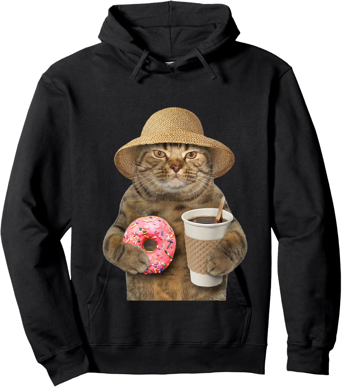 Funny brown Cat with coffee and donut Hoodie - Hoodie | Black