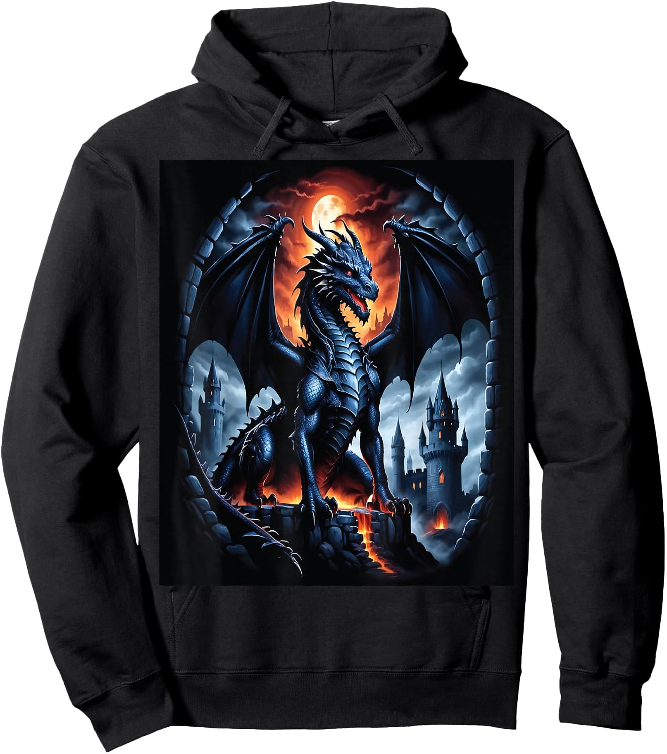 Drache Vollmond Schloss Feuer Fantasy Kunst Hoodie - Hoodie | Black