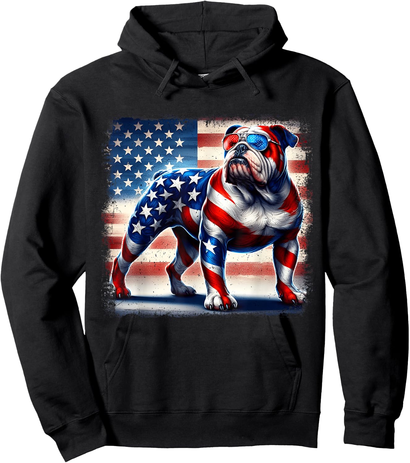 English Bulldog Dog 4th of July USA American Flag Patriotic Women Kids Hoodie - Hoodie | Black