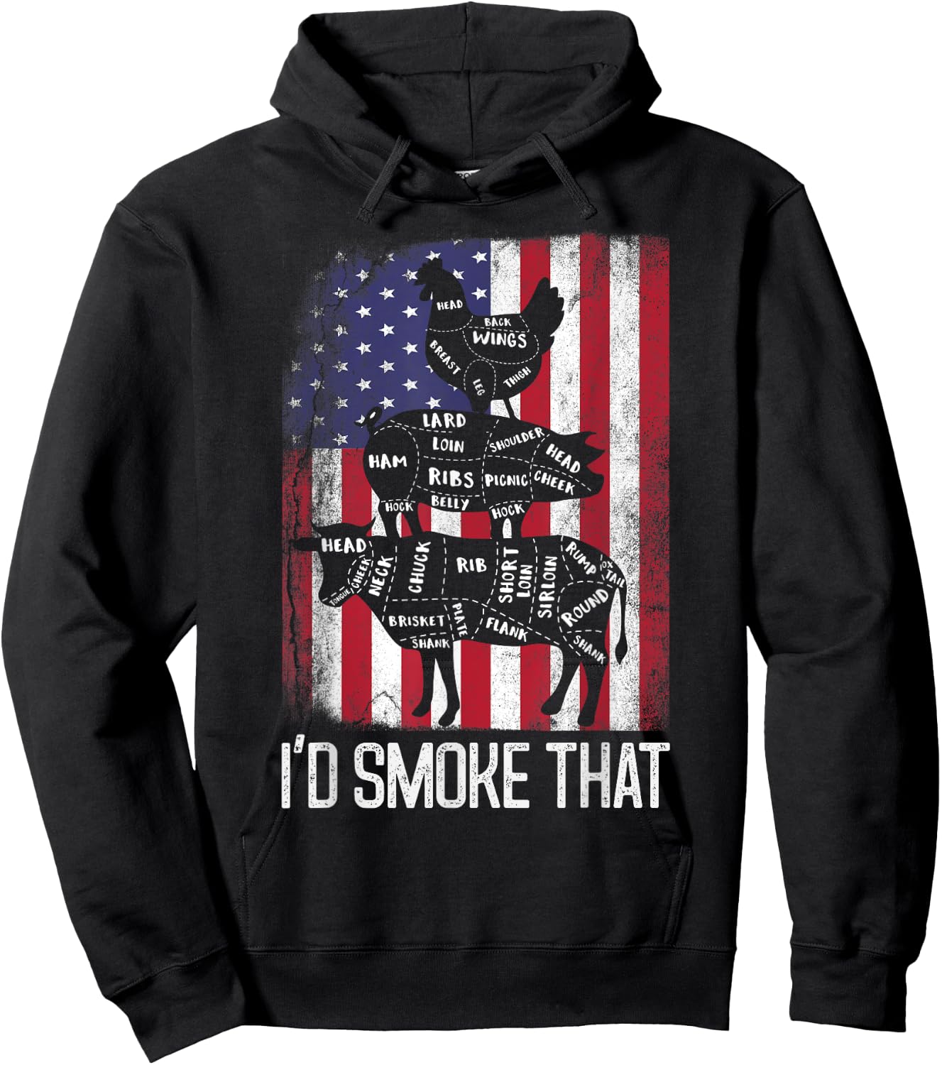 BBQ USA Flag I'd smoke that Beef Pork Chicken Butcher Funny Women Men Hoodie - Hoodie | Black