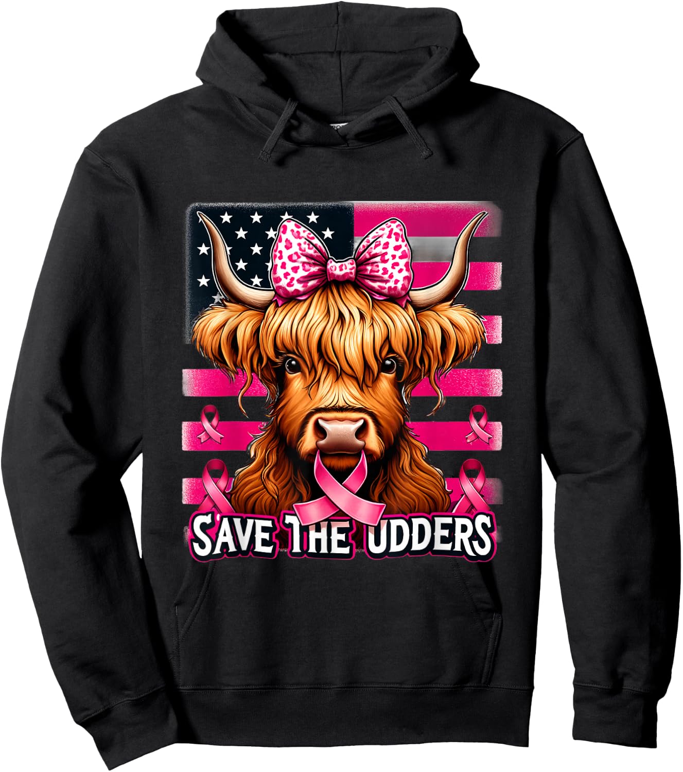 Retro Save The Udders Messy Hair Highland Cow Breast Cancer Hoodie - Hoodie | Black