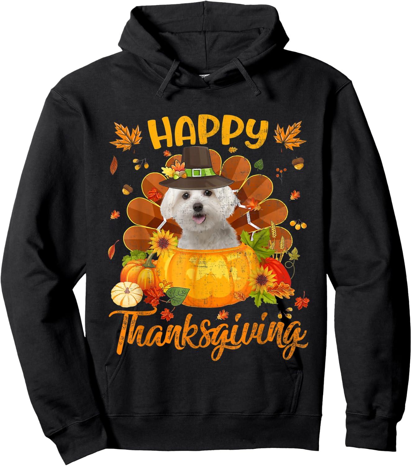Happy Thanksgiving Maltese Dog Turkey Pumpkin Hoodie - Hoodie | Black