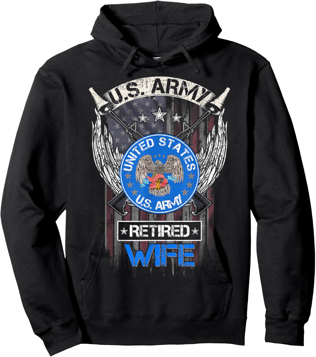 Vintage USA American Flag US Army Proud Retired Wife Funny Hoodie - Hoodie | Black
