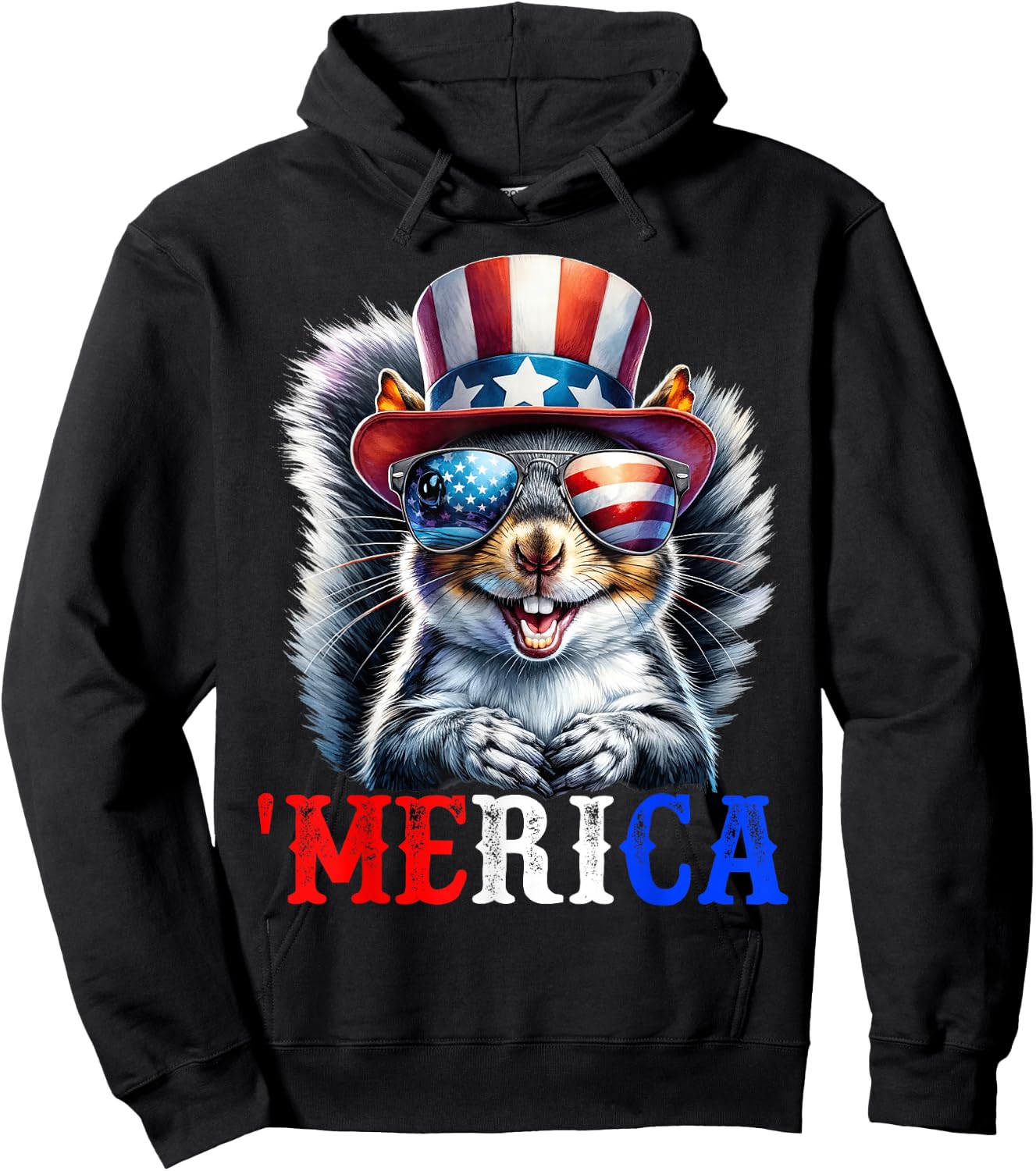 Merica Grey Squirrel Patriotic 4th of July Funny Men Women Hoodie - Hoodie | Black