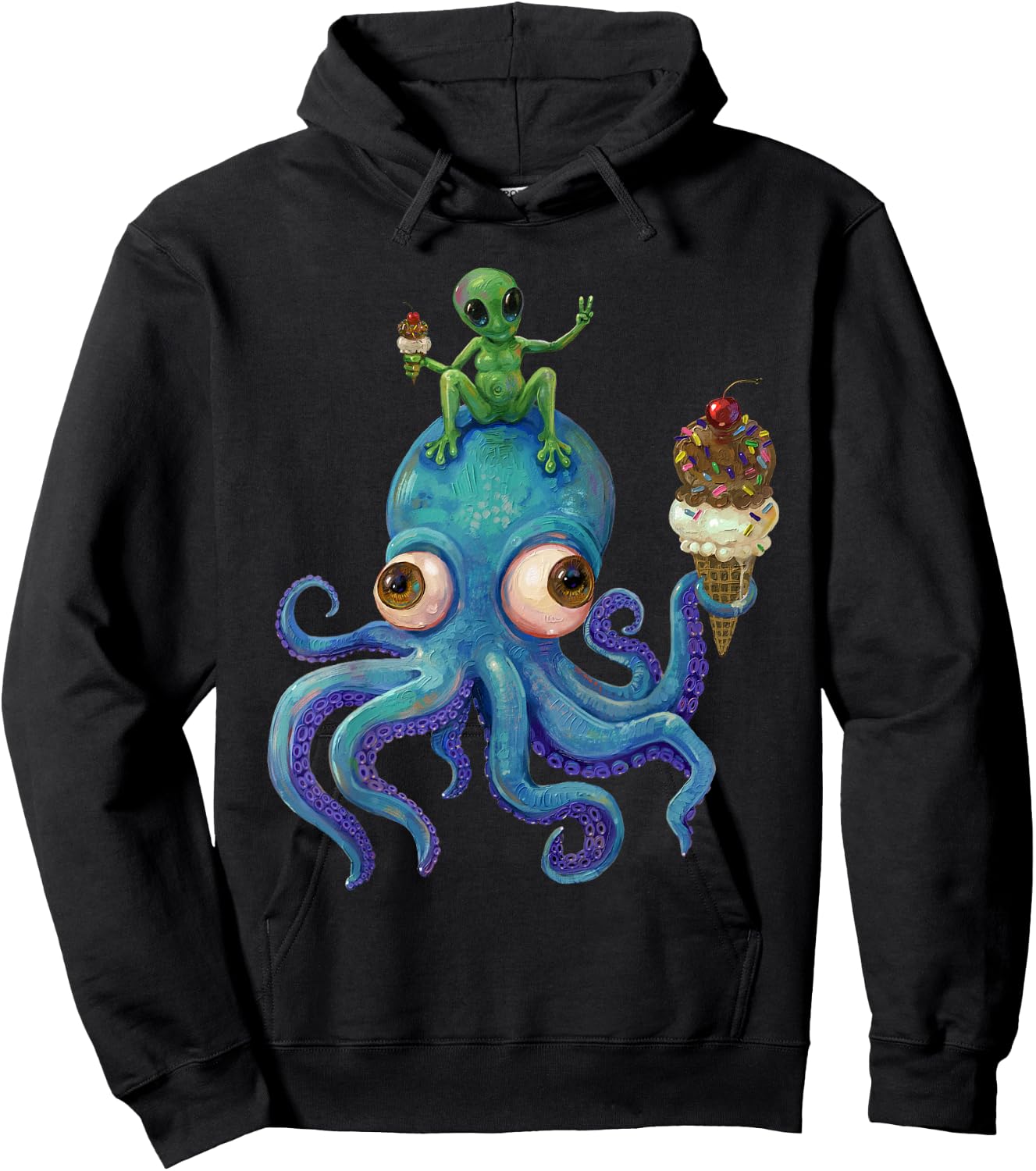 Octopus and Alien Cosmic Ice Cream Party Hoodie - Hoodie | Black
