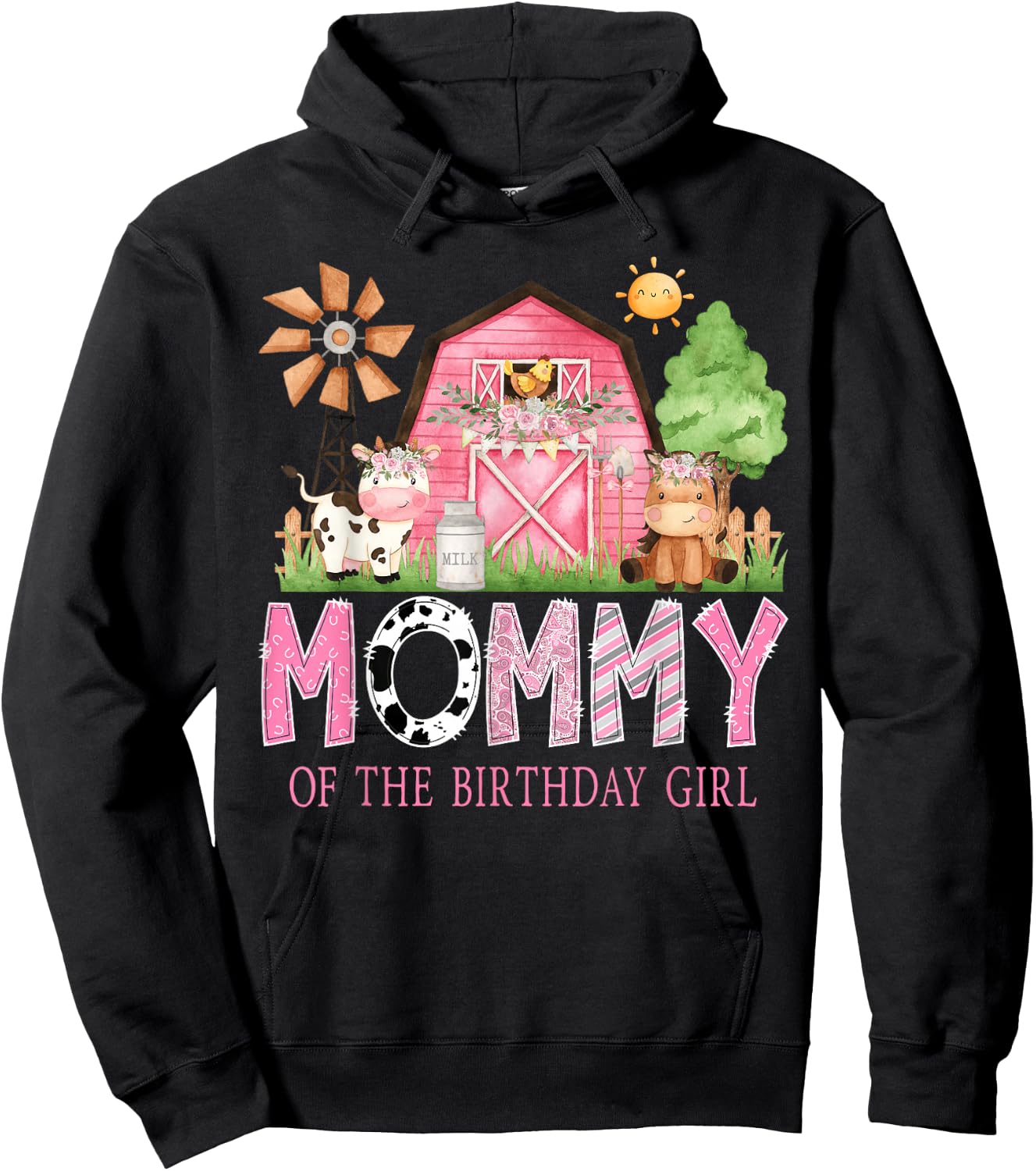 Mommy of The Birthday Girl 1St Birthday Pink Cow Farm Hoodie - Hoodie | Black