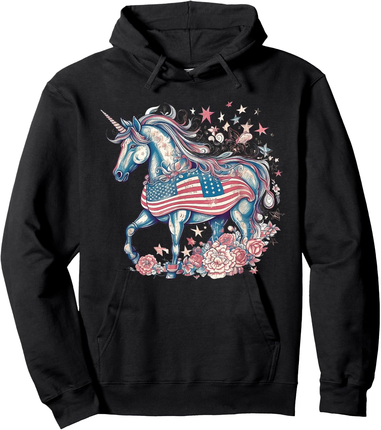American Unicorn 4th Of July Patriotic USA Flag Girls Women Hoodie - Hoodie | Black