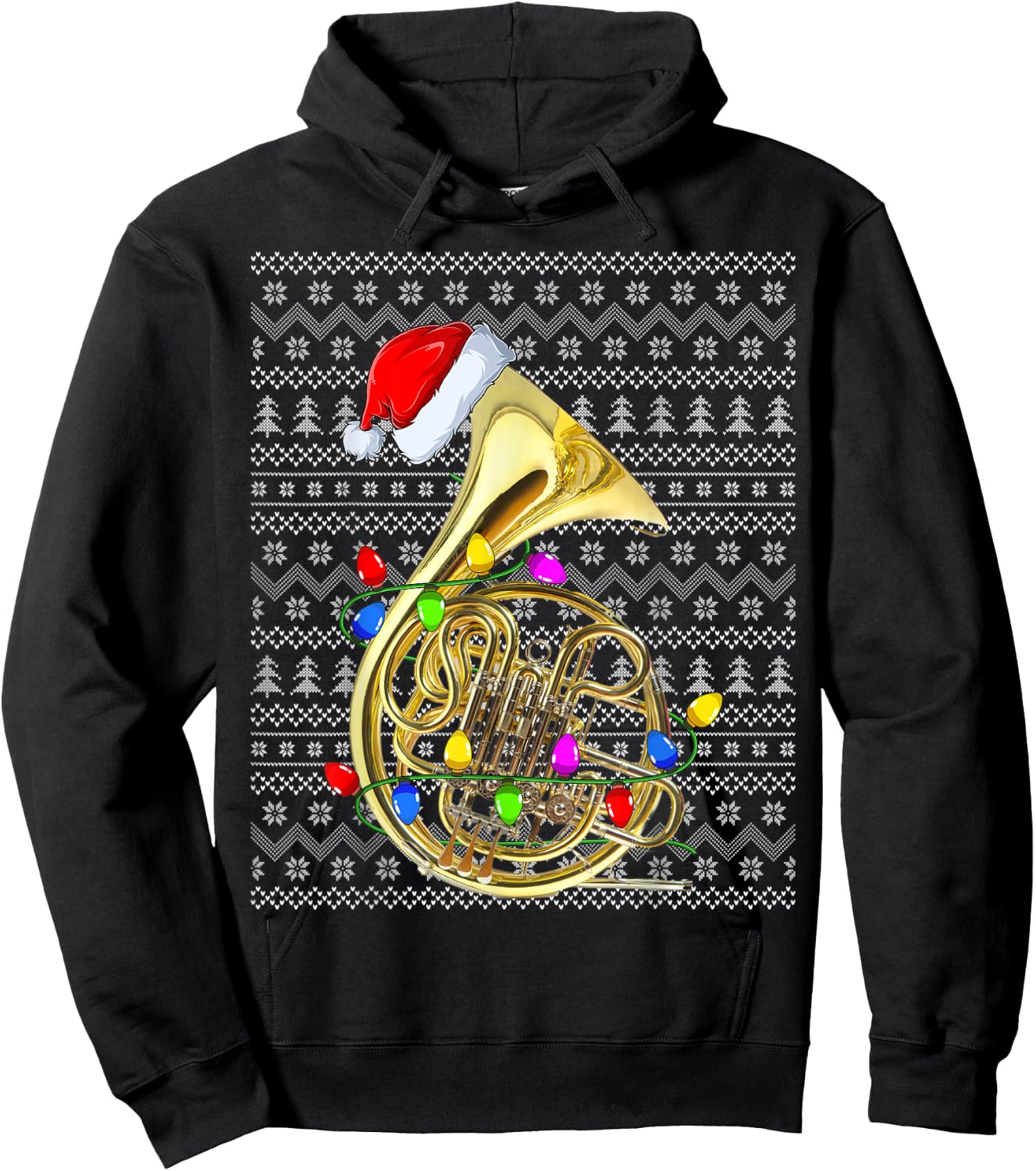 French Horn Lighting Xmas Sweater Ugly French Horn Christmas Hoodie - Hoodie | Black