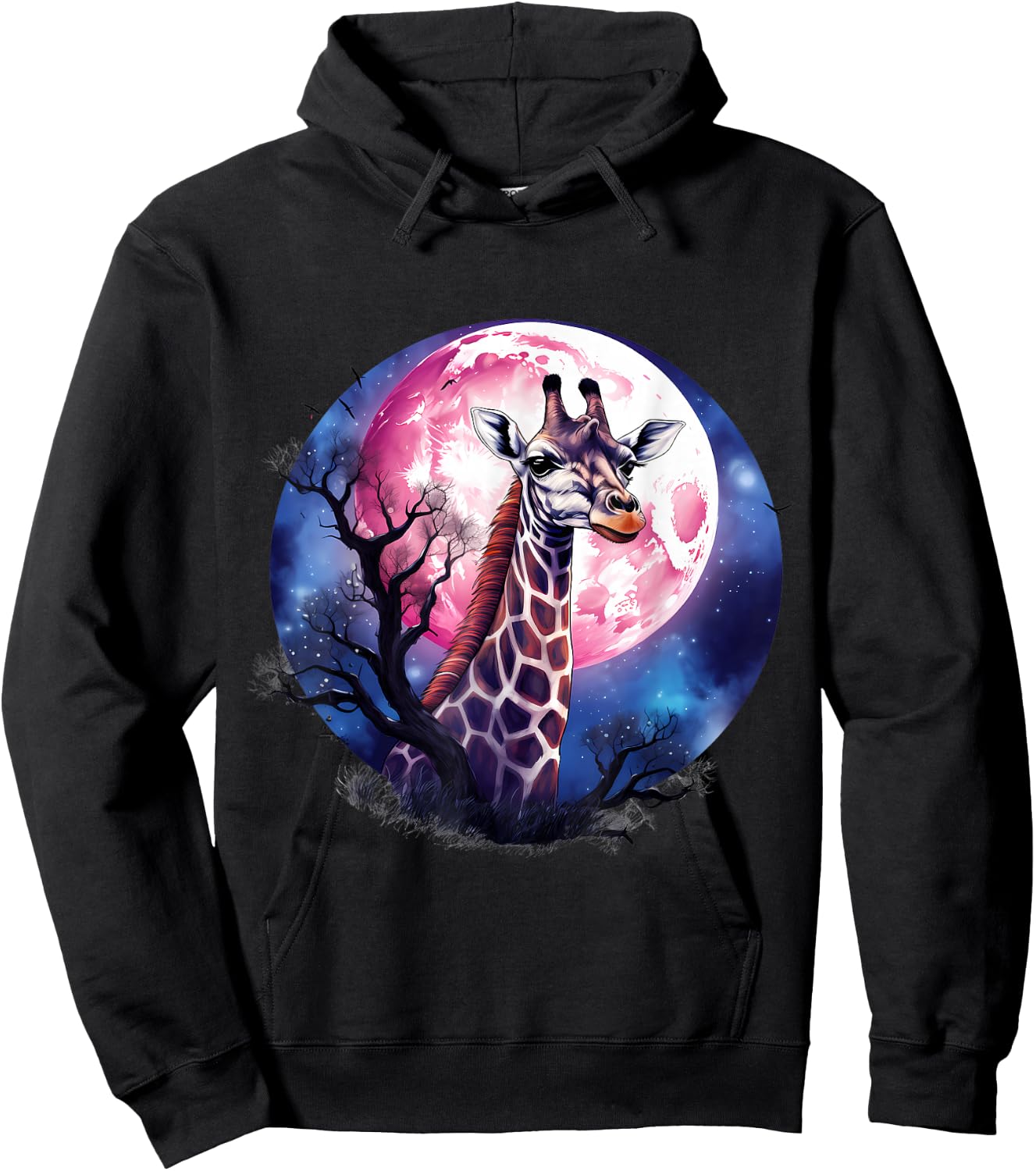 Giraffe Wildlife Safari Tree Moon Animal Art Nature Artwork Hoodie - Hoodie | Black