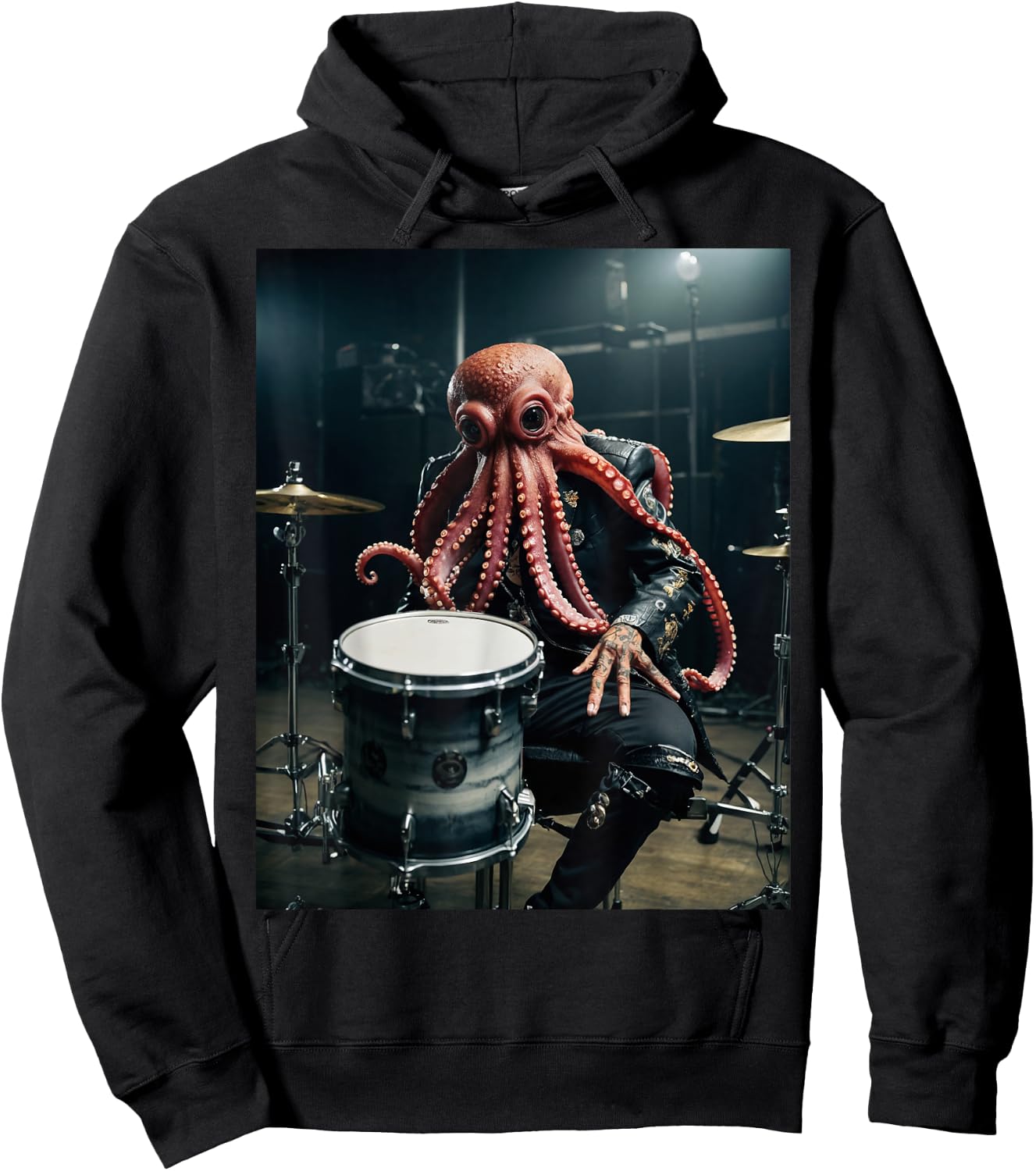 Punk Rock Octopus Head Heavy Metal Drums Leather Jacket Cool Hoodie - Hoodie | Black