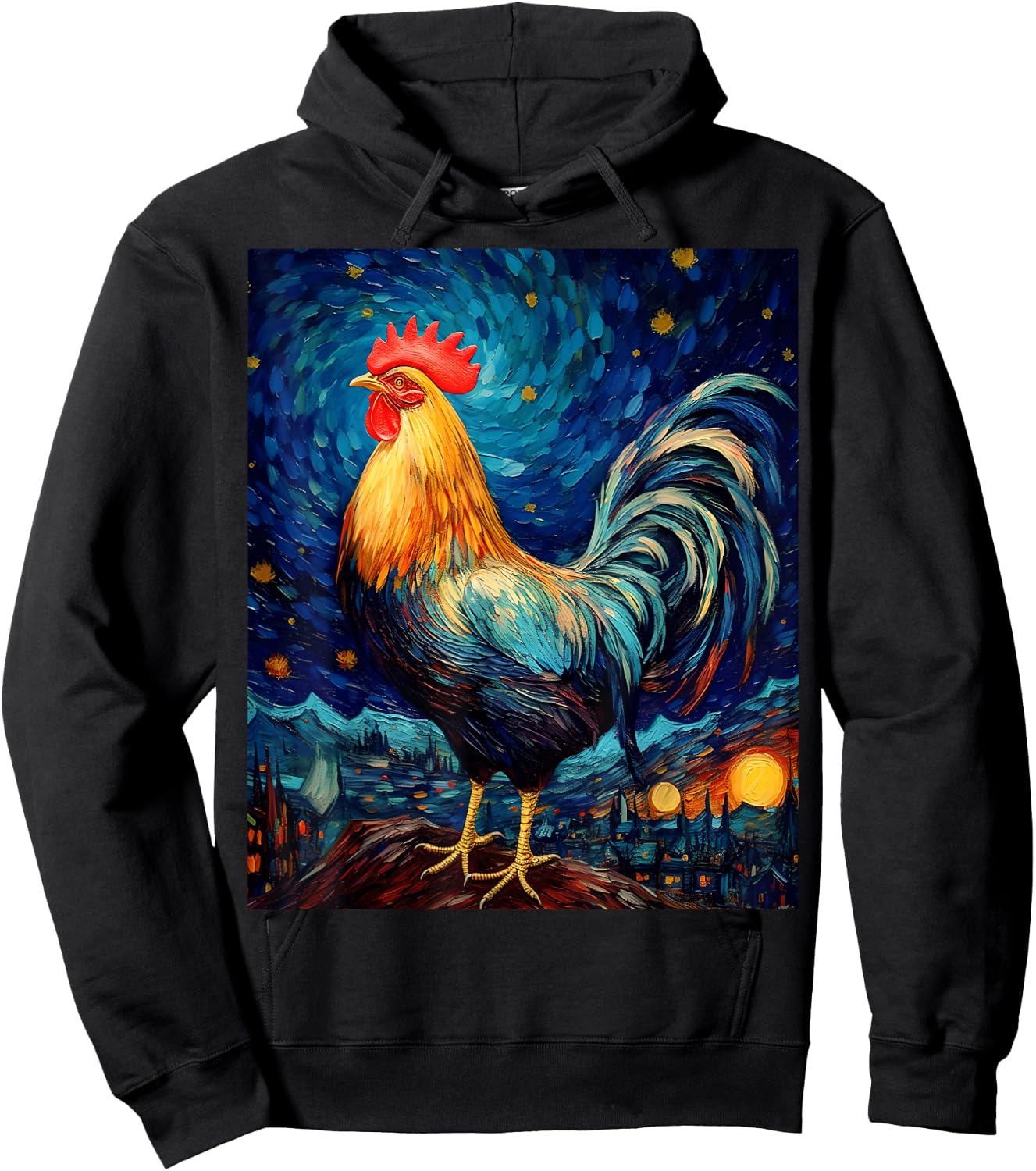 Surreal Starry Night Rooster Hoodie - Hoodie | Black