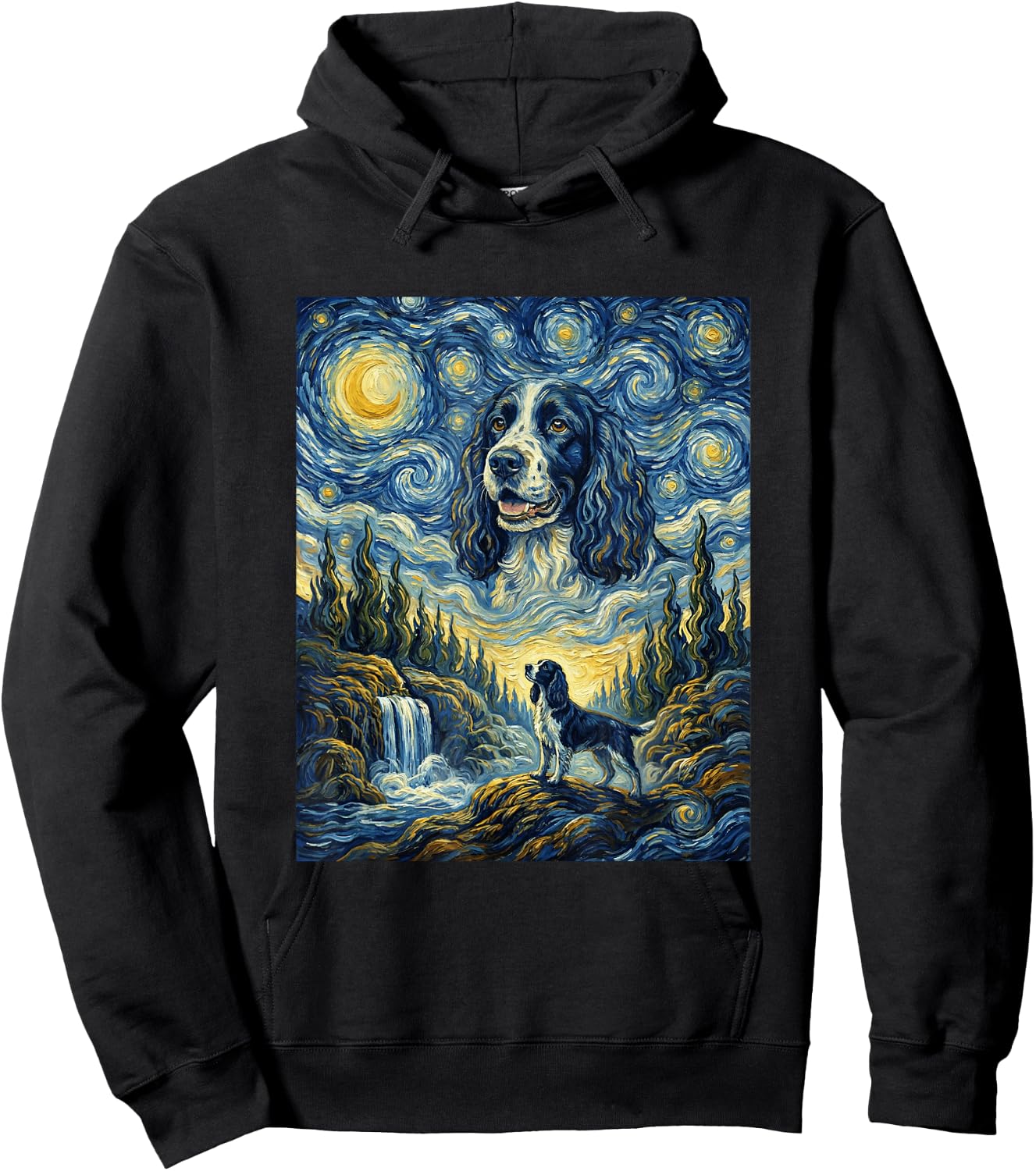 Springer Spaniel Dog Moon Howling Starry Night Van Gogh Art Hoodie - Hoodie | Black