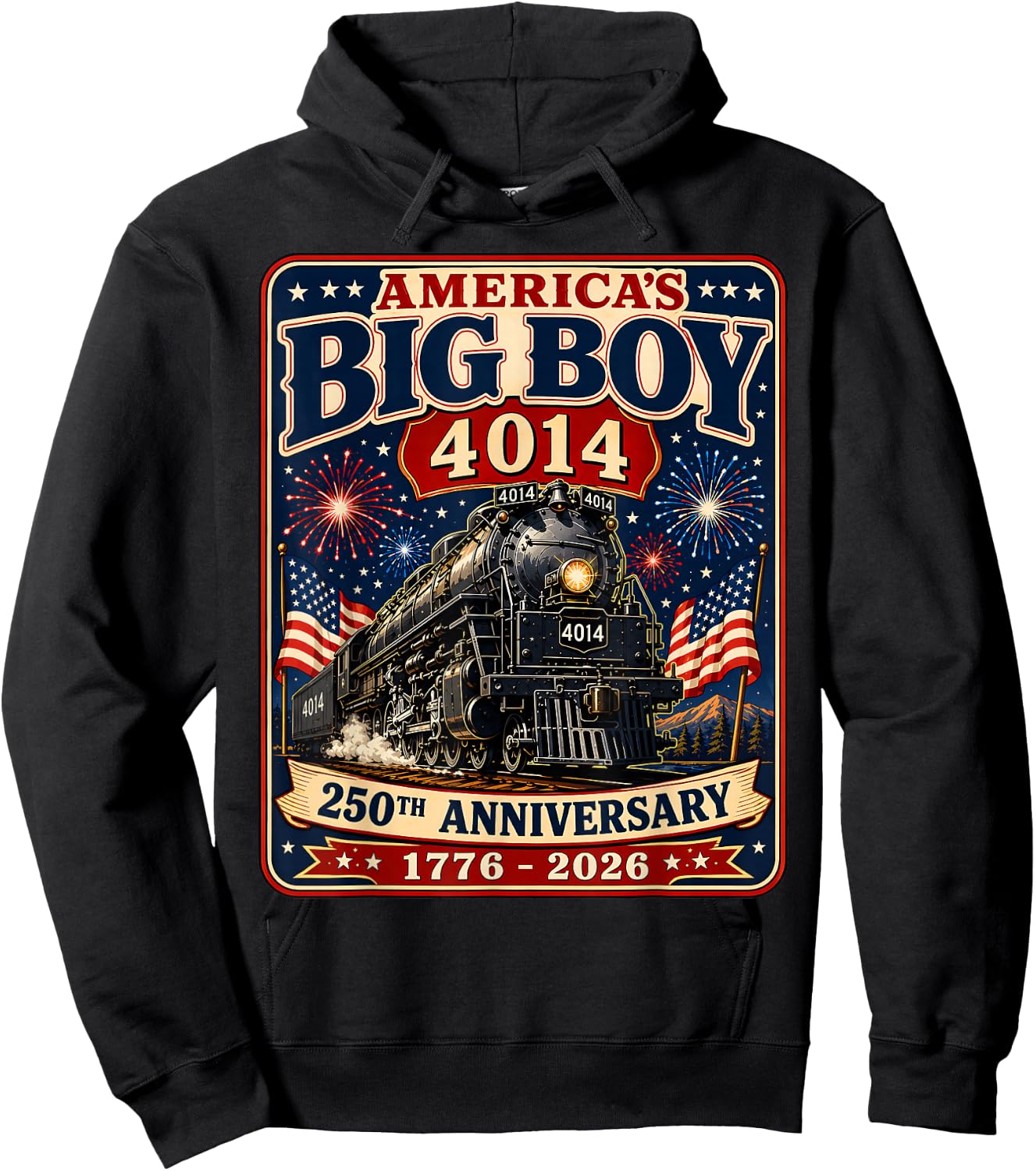 250th Anniversary USA Big Boy 4014 Train Vintage US Flag Hoodie - Hoodie | Black