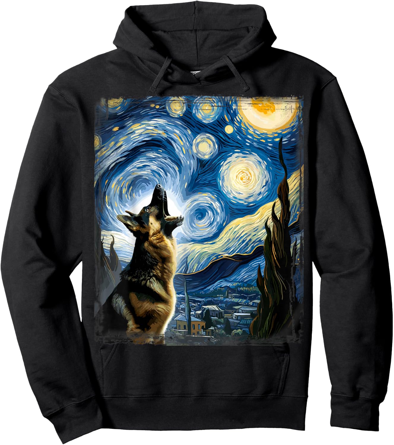 Alsatian Dog Artistic Van Gogh Starry Night German Shepherd Hoodie - Hoodie | Black