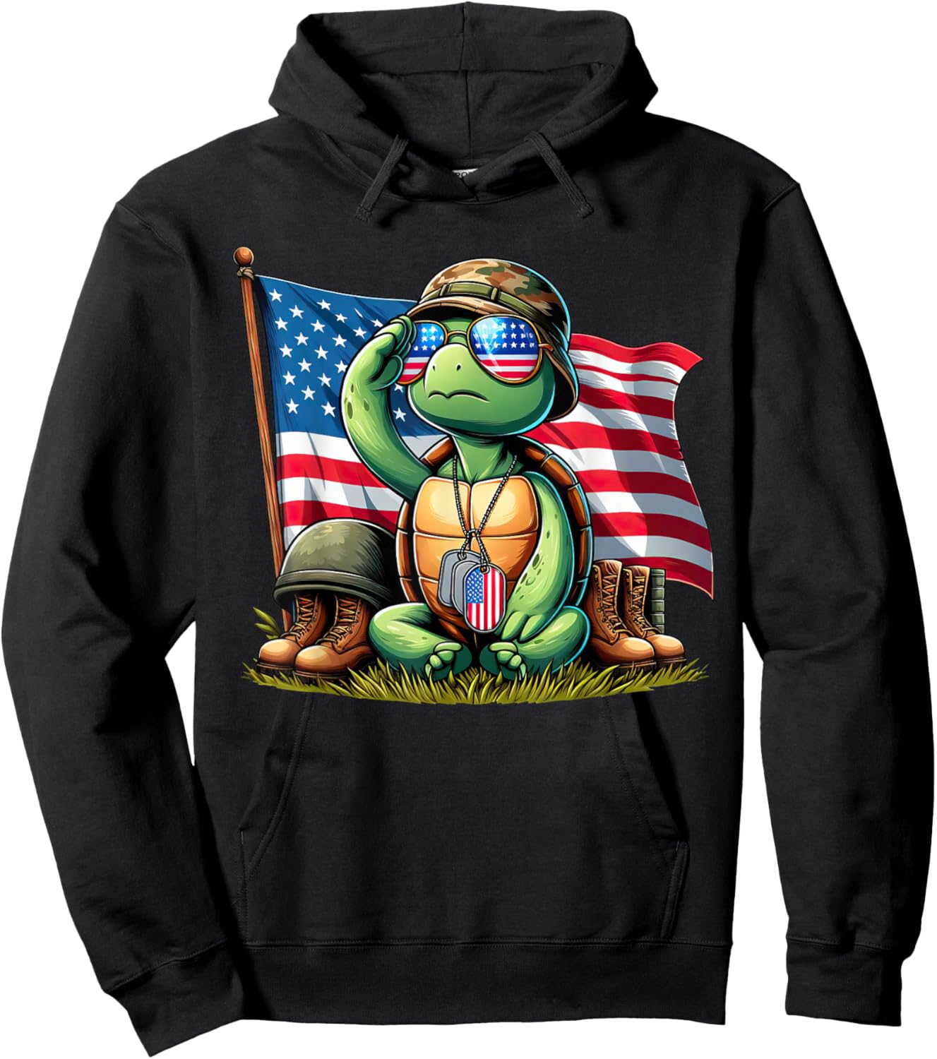 Salute Turtle American USA Flag Memorial Day 4th of July Hoodie - Hoodie | Black