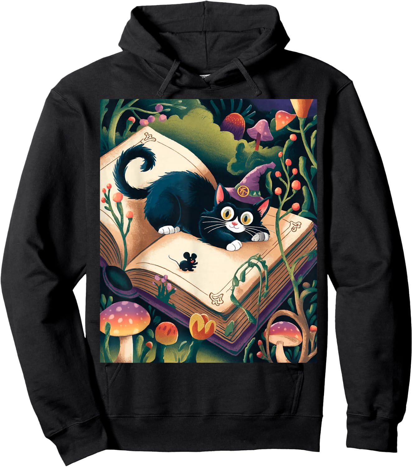 Enchanted Night: Mystical Feline Resting atop an Opened Book Hoodie - Hoodie | Black
