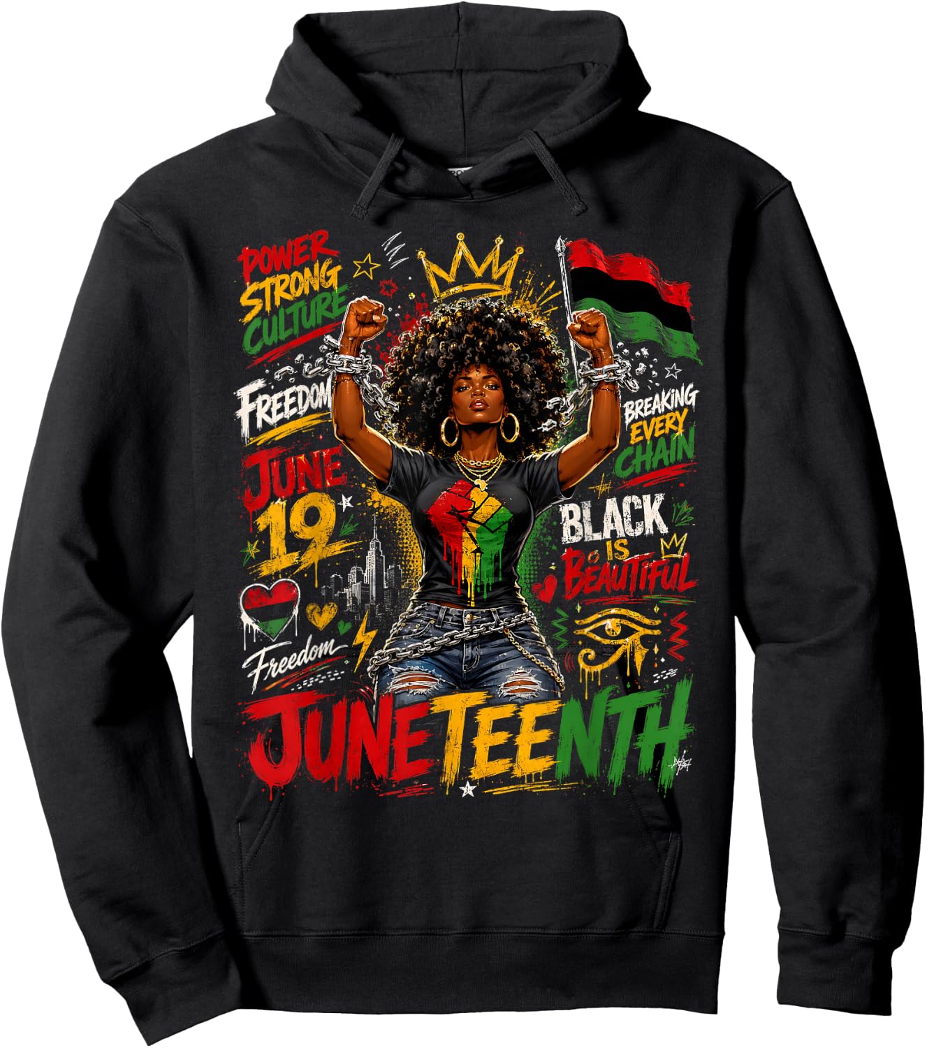 Juneteenth Afro Woman Breaking Every Chain Graffiti Freedom Hoodie - Hoodie | Black