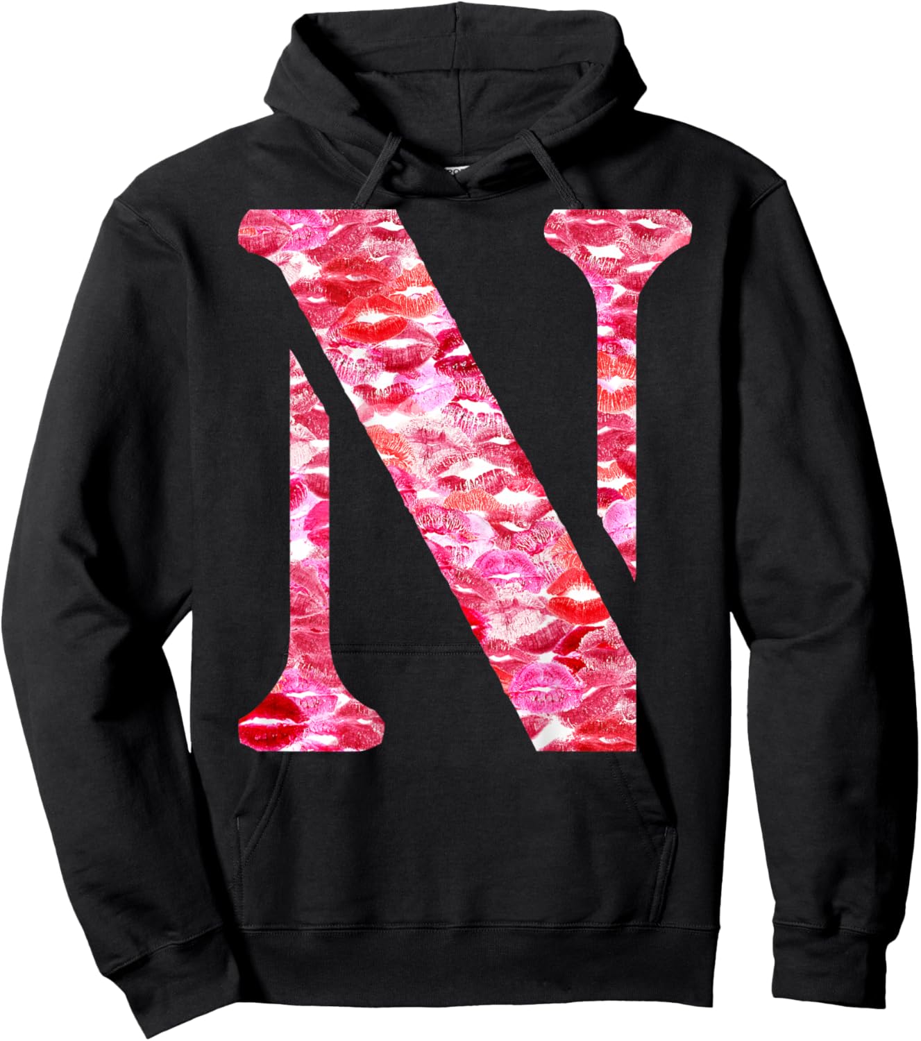 Back Print Only - Lipstick Kisses For Boyfriend Letter N , Black, S Hoodie - Hoodie | Black
