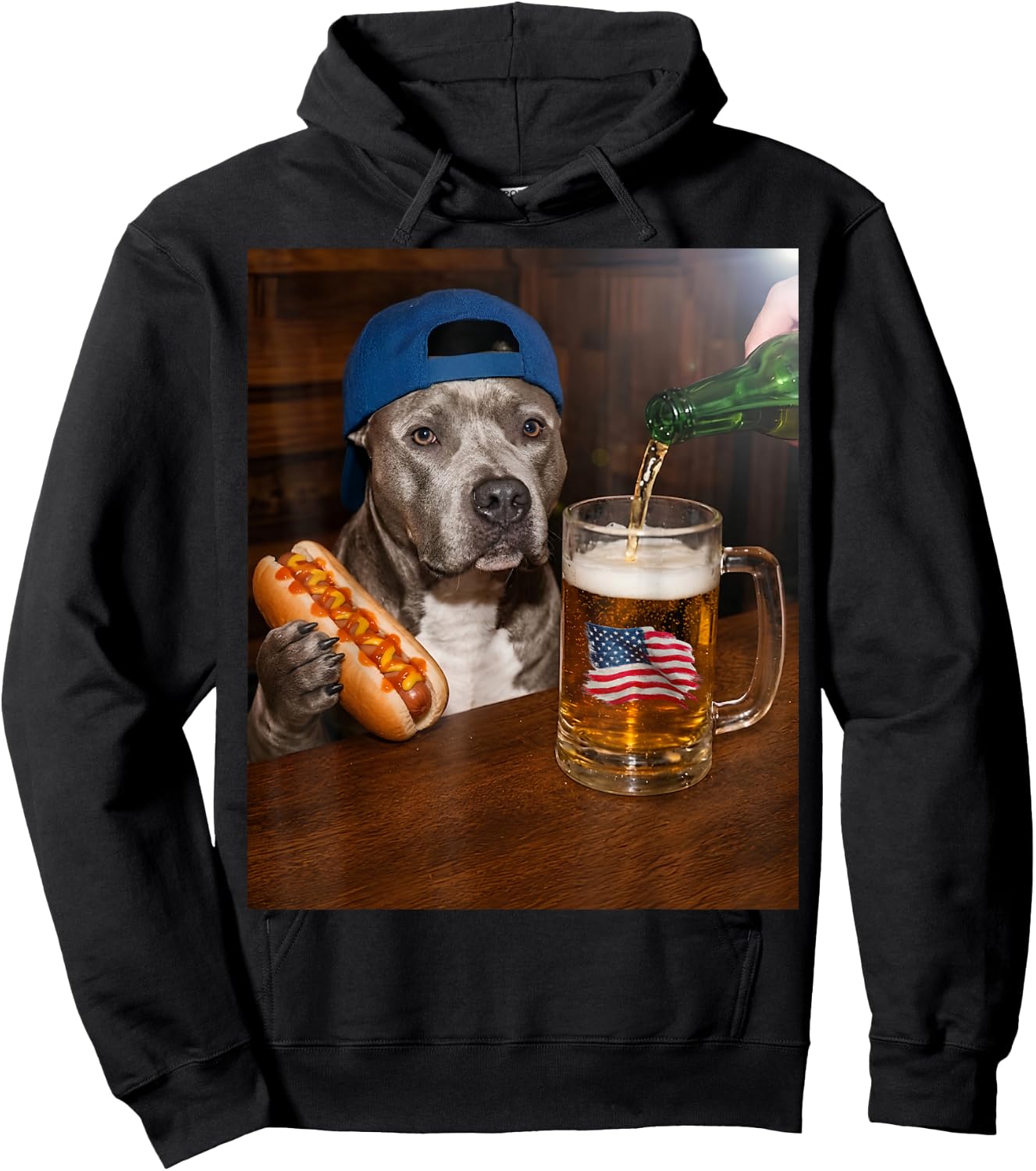 Funny Pitbull Meme Drinking Beer Hotdog USA Flag Pittie Moms Hoodie - Hoodie | Black