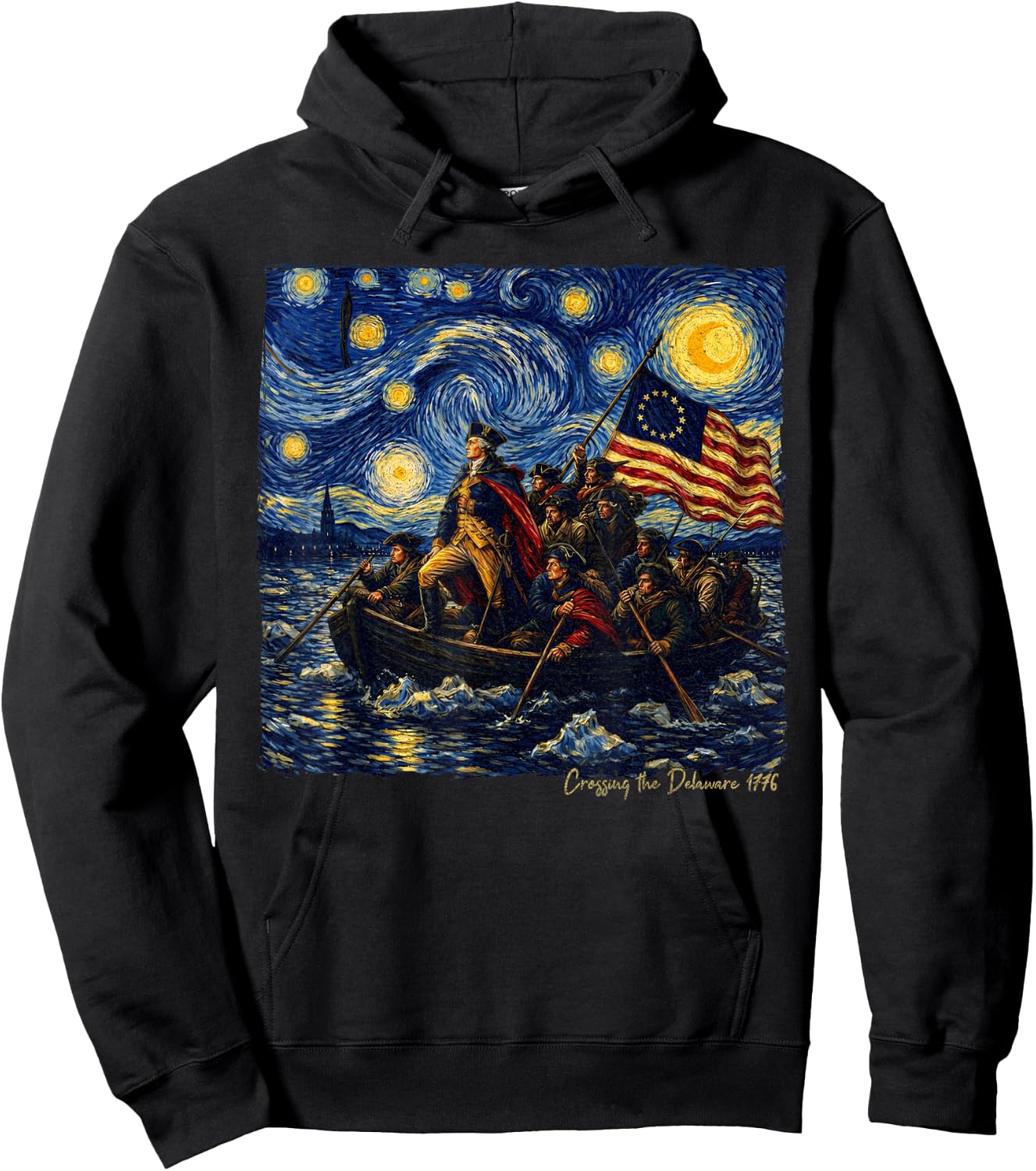 Crossing The Delaware Starry Night in Van Gogh Art 1776 Hoodie - Hoodie | Black