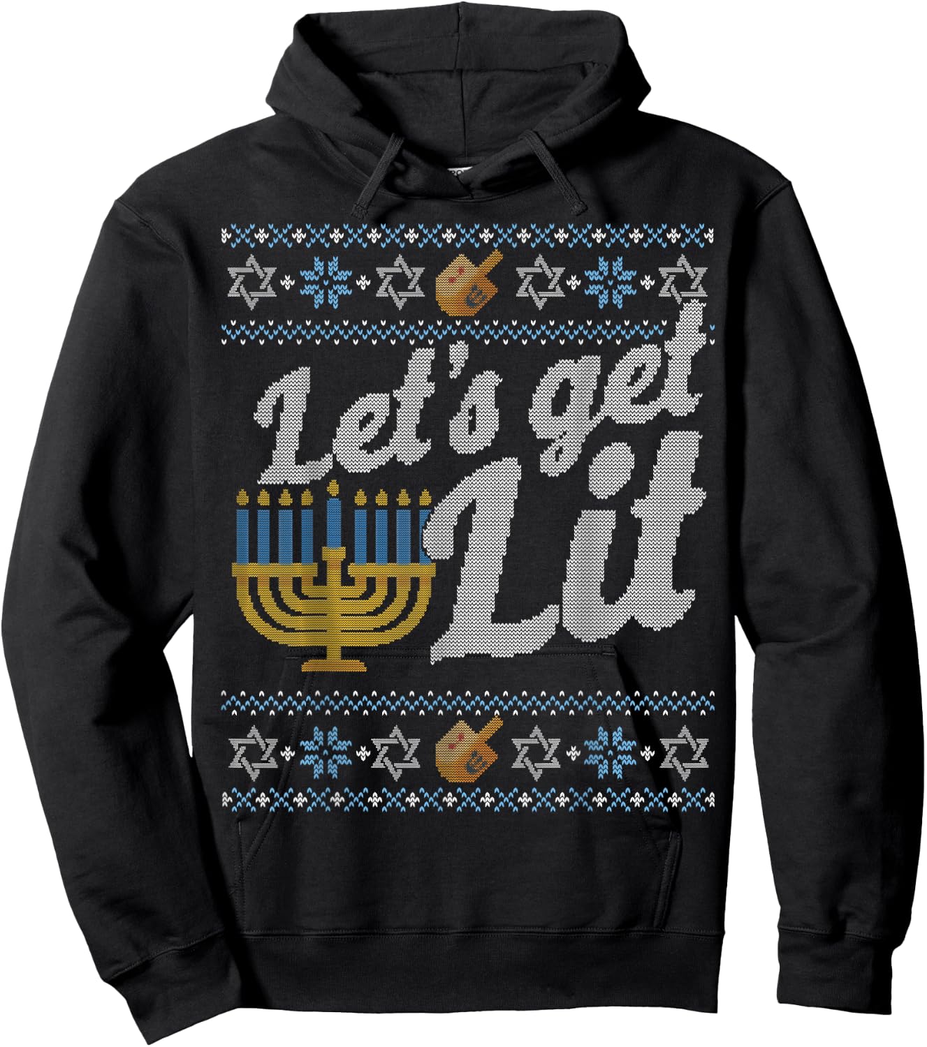 Funny Ugly Hanukkah Sweater Shirt Let's Get Lit drinking Hoodie - Hoodie | Black