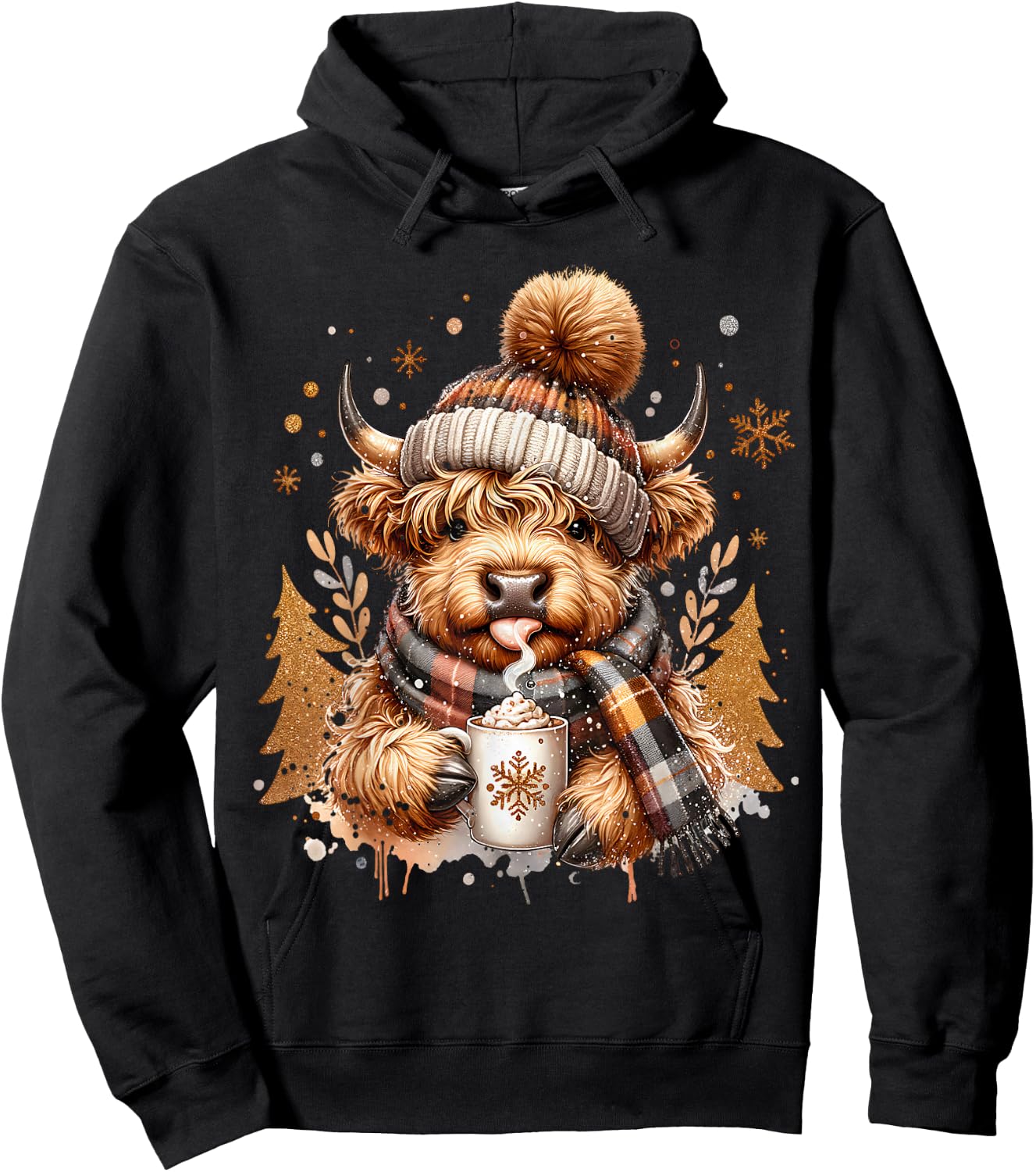 Cute Highland Cow Christmas Trees Winter Hot Cocoa Chocolate Hoodie - Hoodie | Black