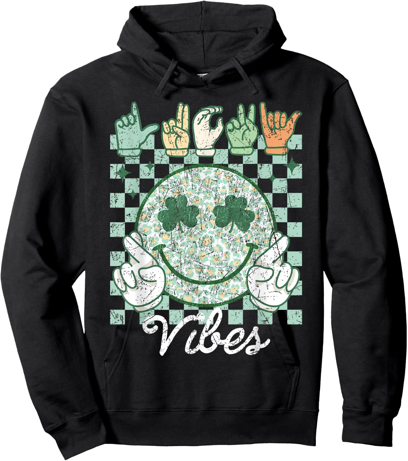 Lucky Vibes St Patrick's Day ASL Sign Language Deaf Groovy Hoodie - Hoodie | Black