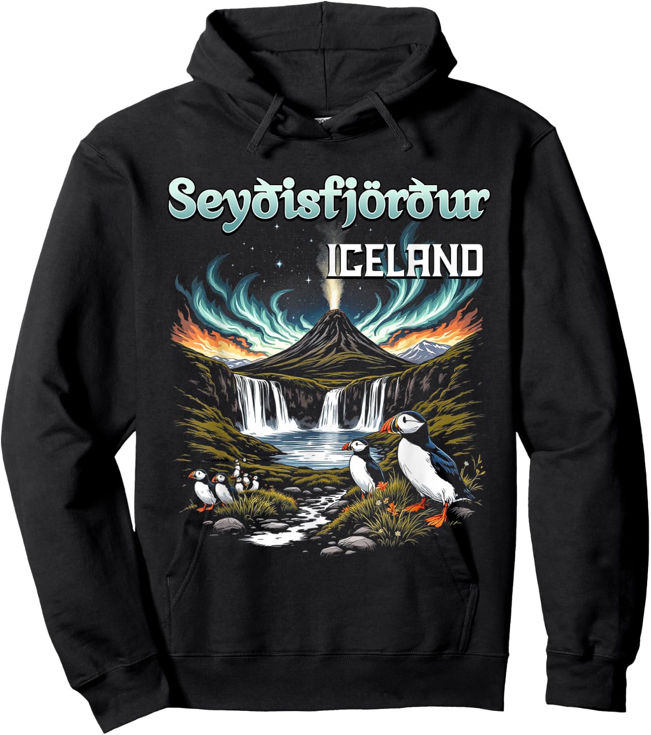 Seyðisfjörður Iceland Souvenir Icelandic Volcano Puffins Hoodie - Hoodie | Black