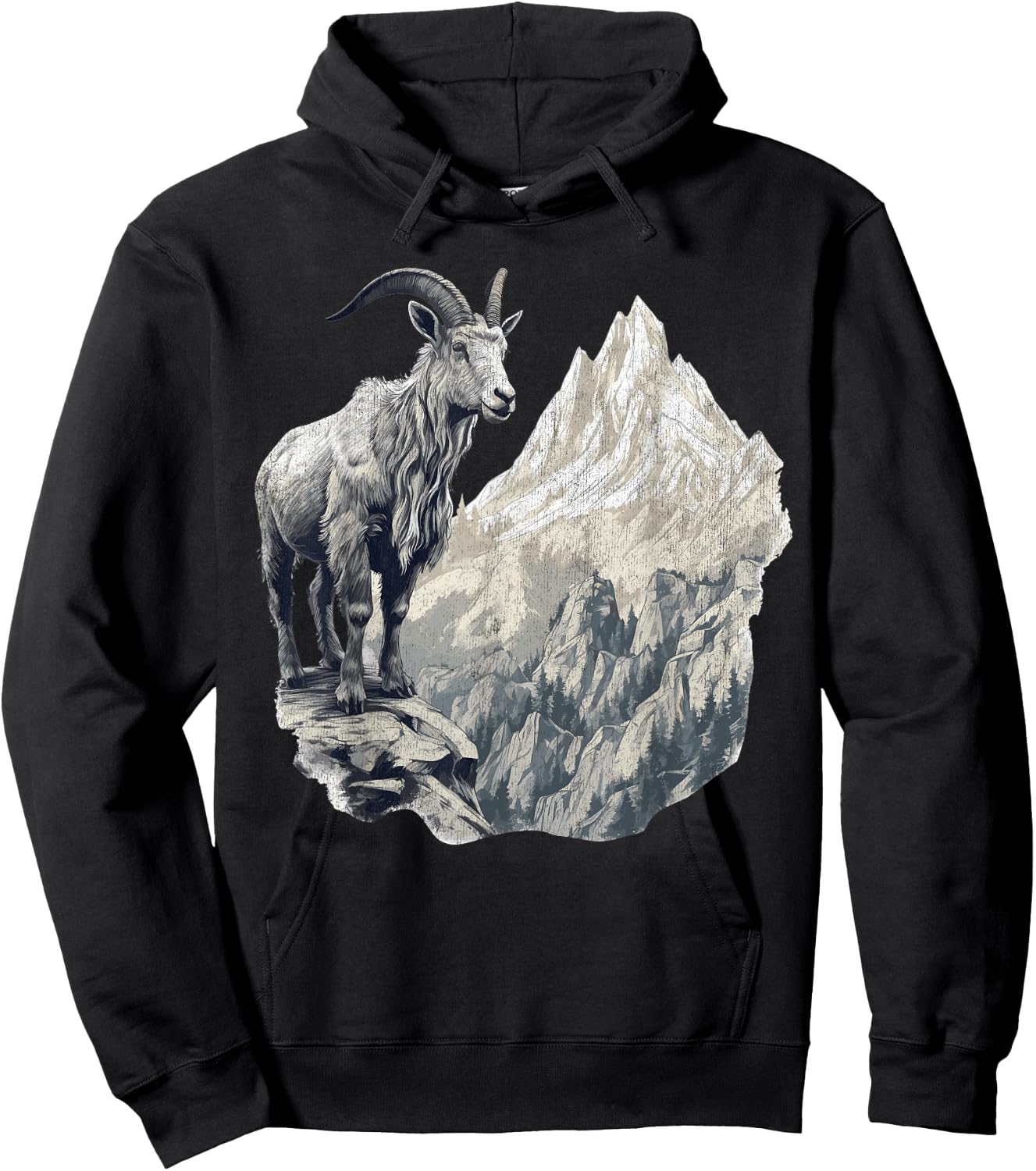 Mountain Goat with Scenic Landscape, Vintage Mountain Goat Hoodie - Hoodie | Black