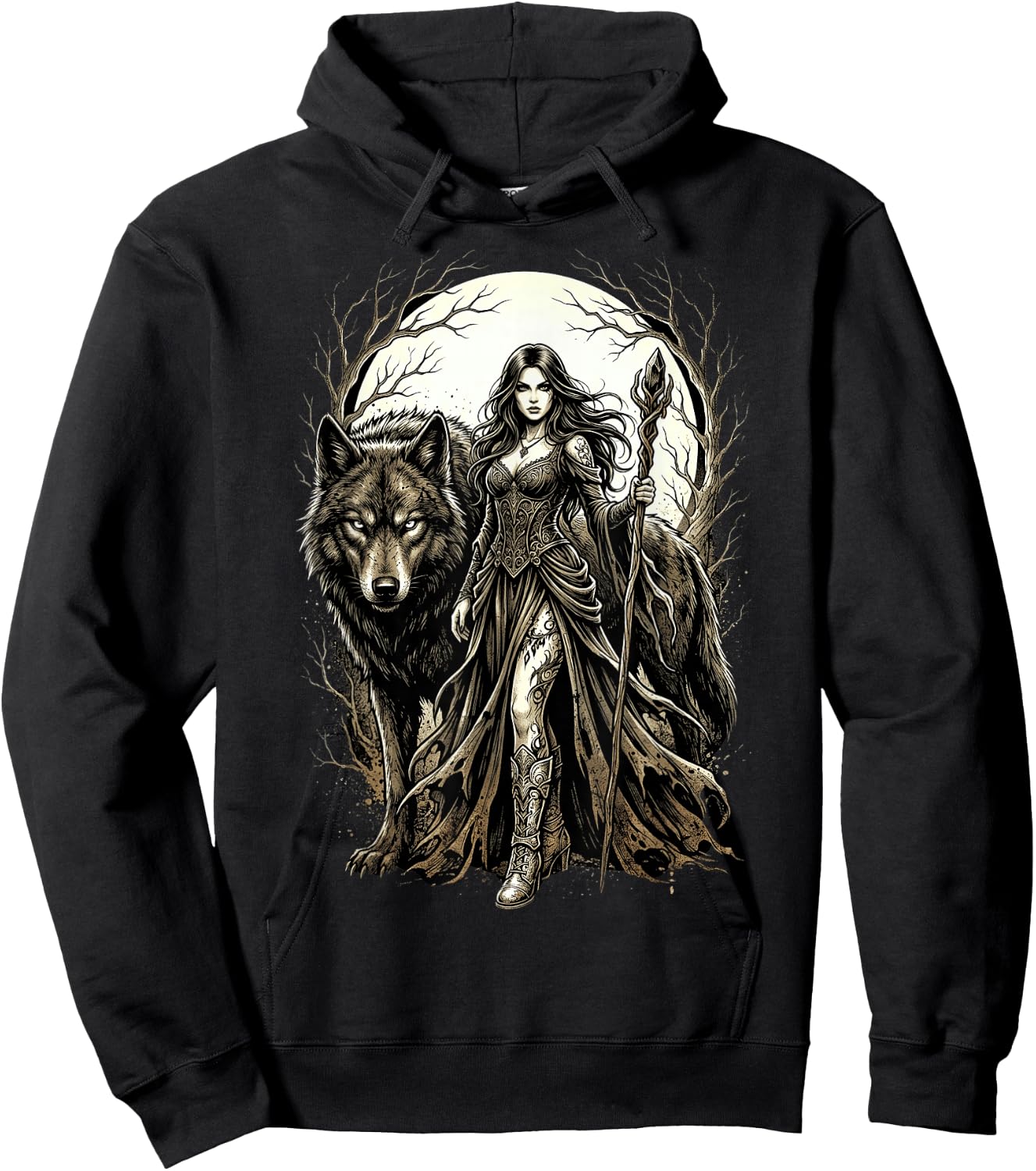Fantasy Kriegerin Wolf Vollmond Gothic Motiv Hoodie - Hoodie | Black