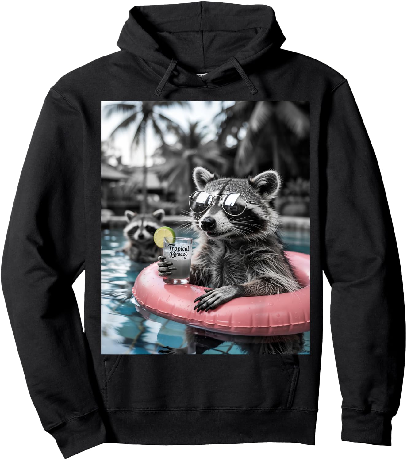 Raccoon Flamingo Float Funny Pool Party Summer Vibes Hoodie - Hoodie | Black