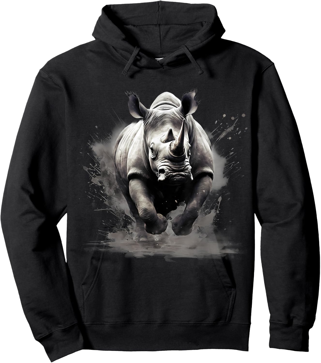 Rhino Animal Print Rhinoceros Wildlife Drawing Splash Motif Hoodie - Hoodie | Black