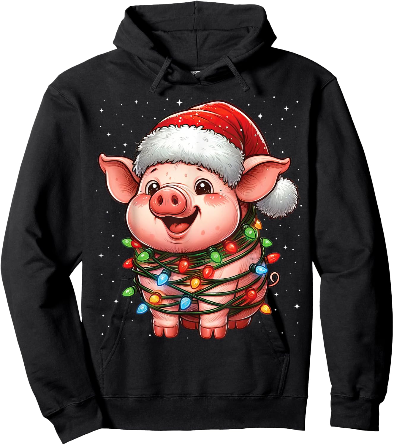 Pig Christmas Lights Santa Hat Xmas Snow Hoodie - Hoodie | Black