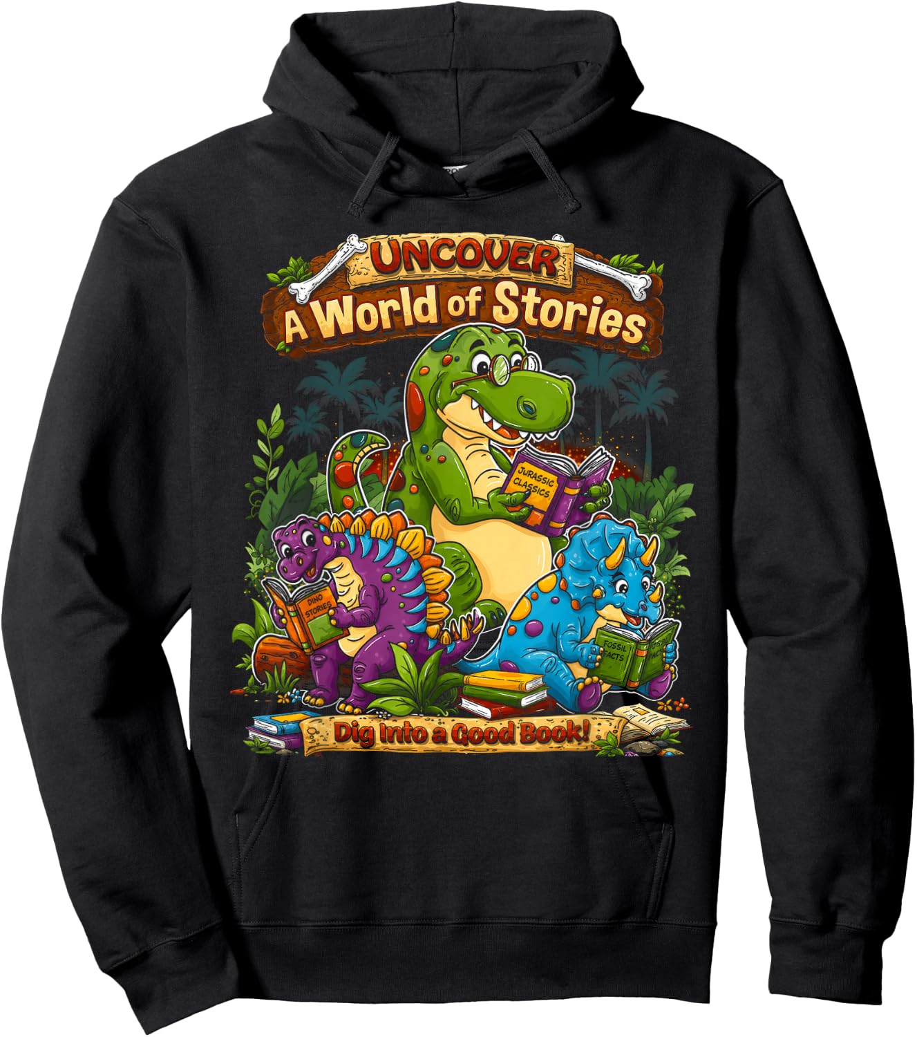 Uncover A World of Stories Dinosaur Reading Shirt for Kids Hoodie - Hoodie | Black