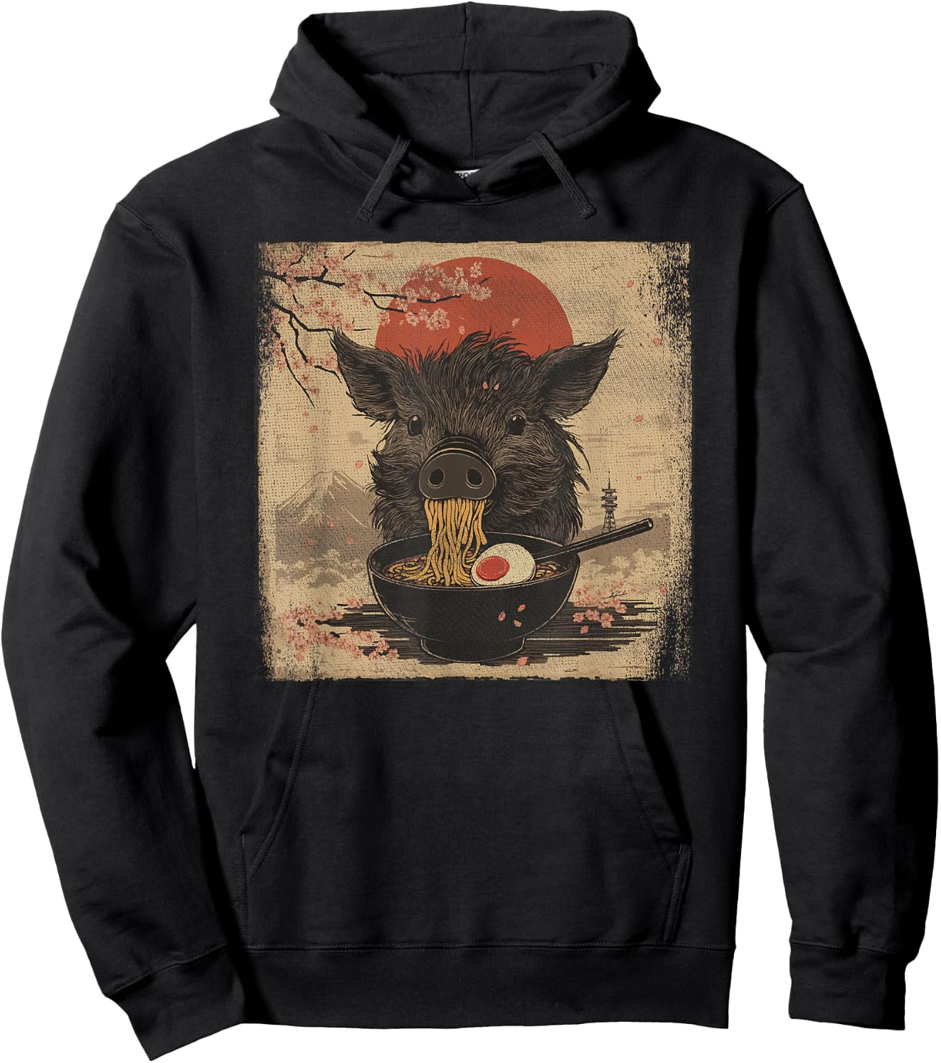 Japanese Woodblock Graphic Boar Eating Ramen Pig Lover Hoodie - Hoodie | Black