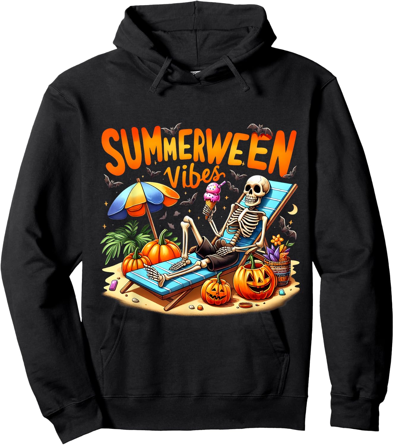 Summerween Halloween Skeleton Ice Cream Summer Vacation Women Hoodie - Hoodie | Black
