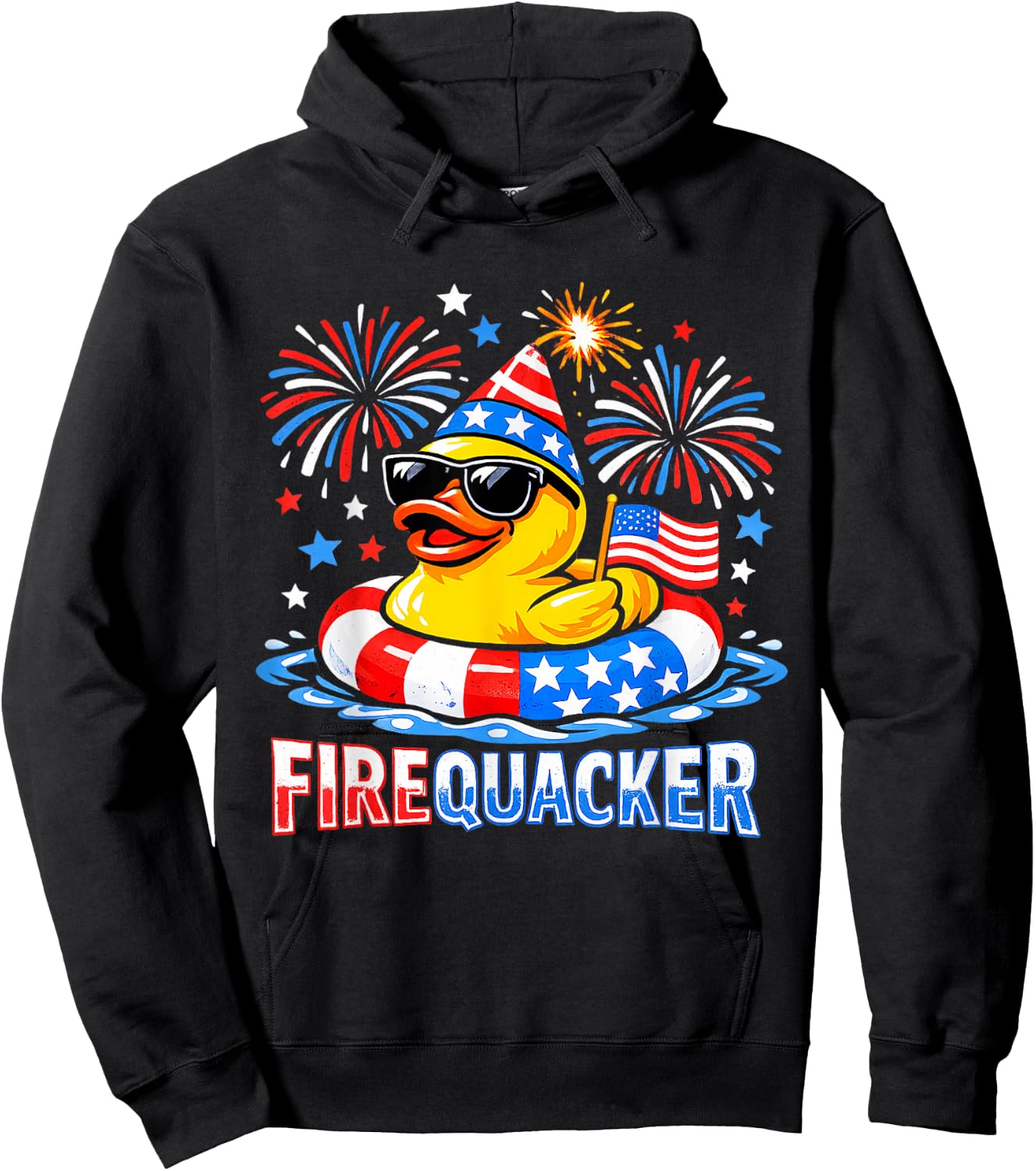 Firequacker Funny 4th of July Patriotic Duck Fireworks Hoodie - Hoodie | Black