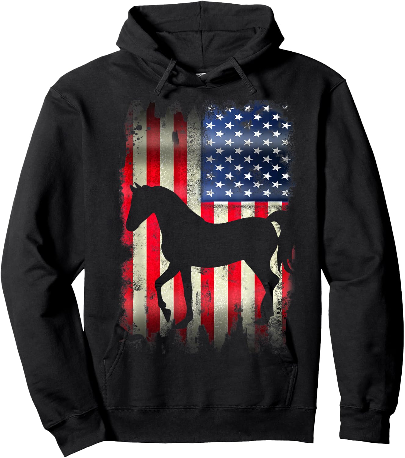 Horse USA American Flag 4th of July Patriotic Equestrian Women Kids Men Hoodie - Hoodie | Black