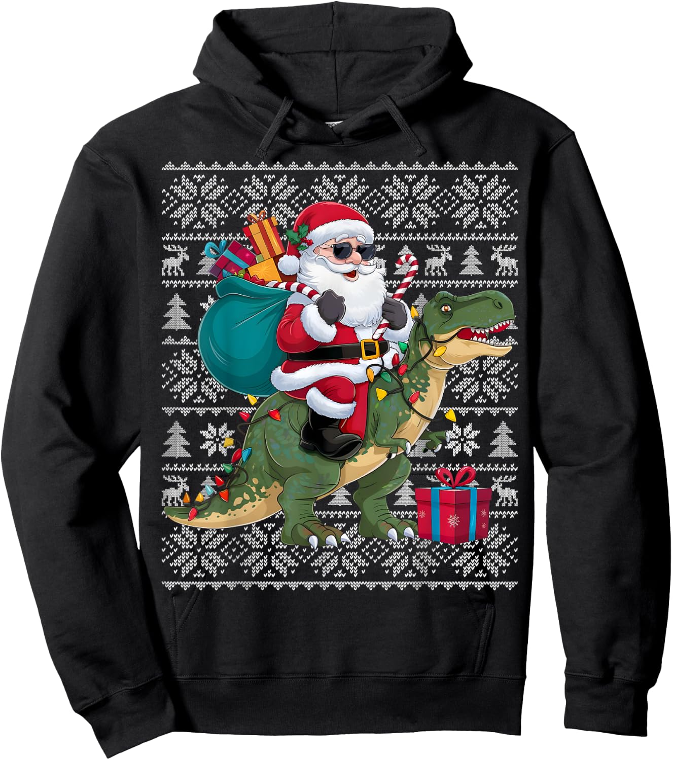 Ugly Xmas Sweater Style Santa Riding Dinosaur Christmas Hoodie - Hoodie | Black