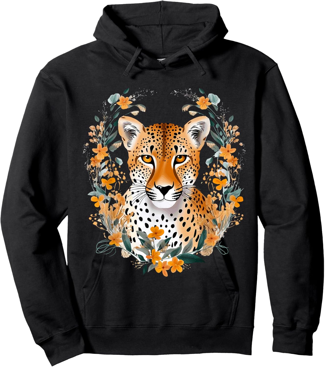 Cheetah Face Animal Print Big Cat Wildlife Flowers Design Hoodie - Hoodie | Black