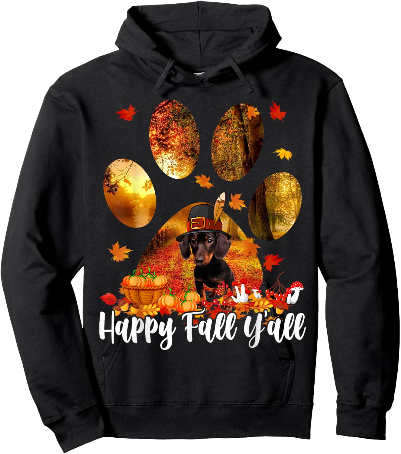Happy Fall Y'all Thanksgiving Dachshund Pilgrim Dog Paw Fall Hoodie - Hoodie | Black