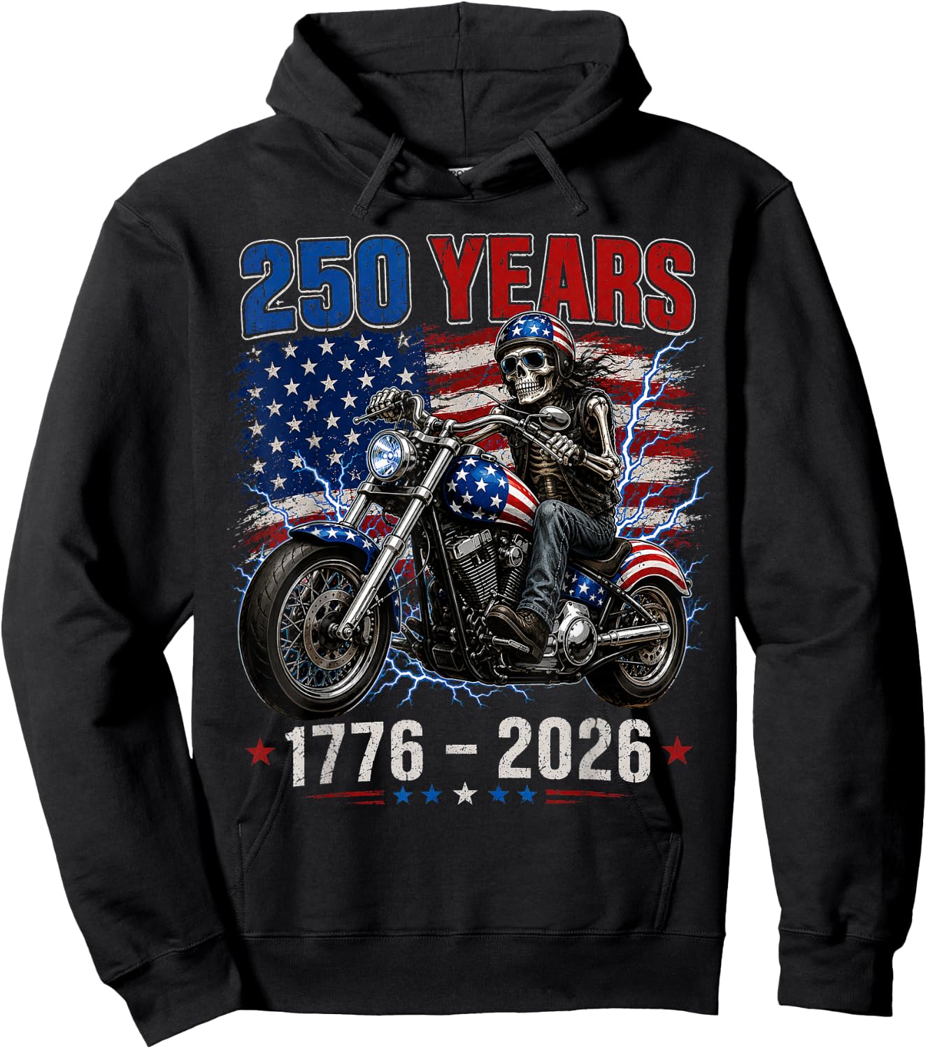 250 Anniversary USA 250th American Skull Motorcycle USA Flag Hoodie - Hoodie | Black