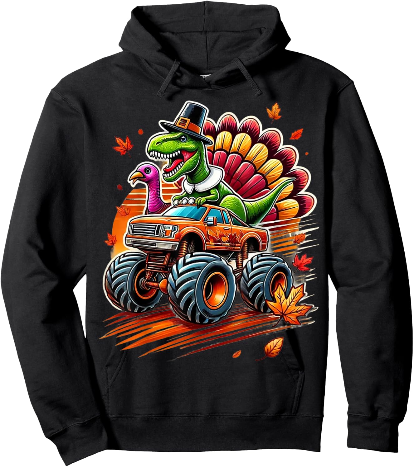 Funny Boys Thanksgiving Shirt Outfit Fall Shirts Kids T Rex Hoodie - Hoodie | Black