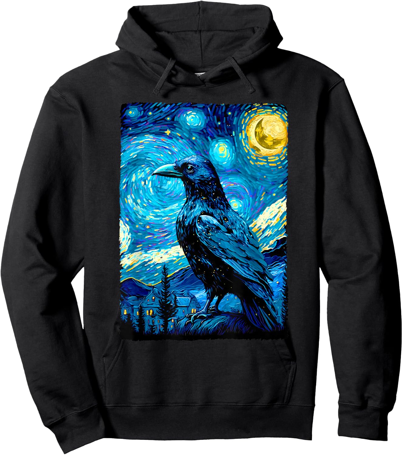 Crow Lover Raven Starry Night Style Painting, Van Gogh Hoodie - Hoodie | Black