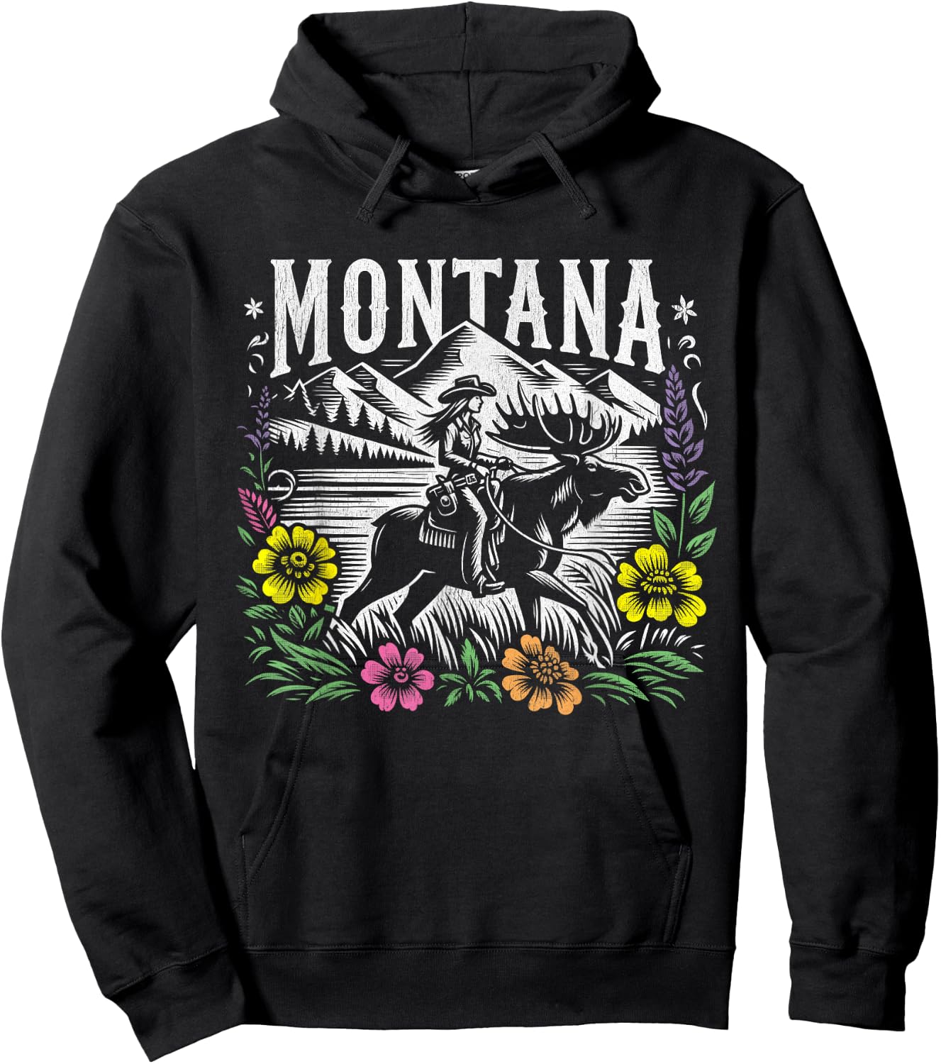 Montana Cowgirl Riding a Moose - Retro Look Hoodie - Hoodie | Black