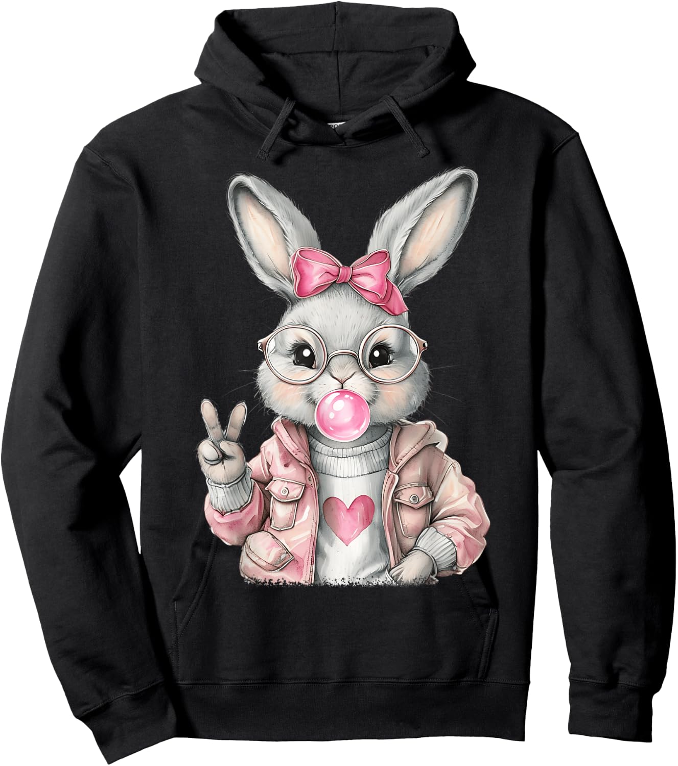 Rabbit Bunny Blowing Bubble Gum Easter Day Cute Girl Women Hoodie - Hoodie | Black