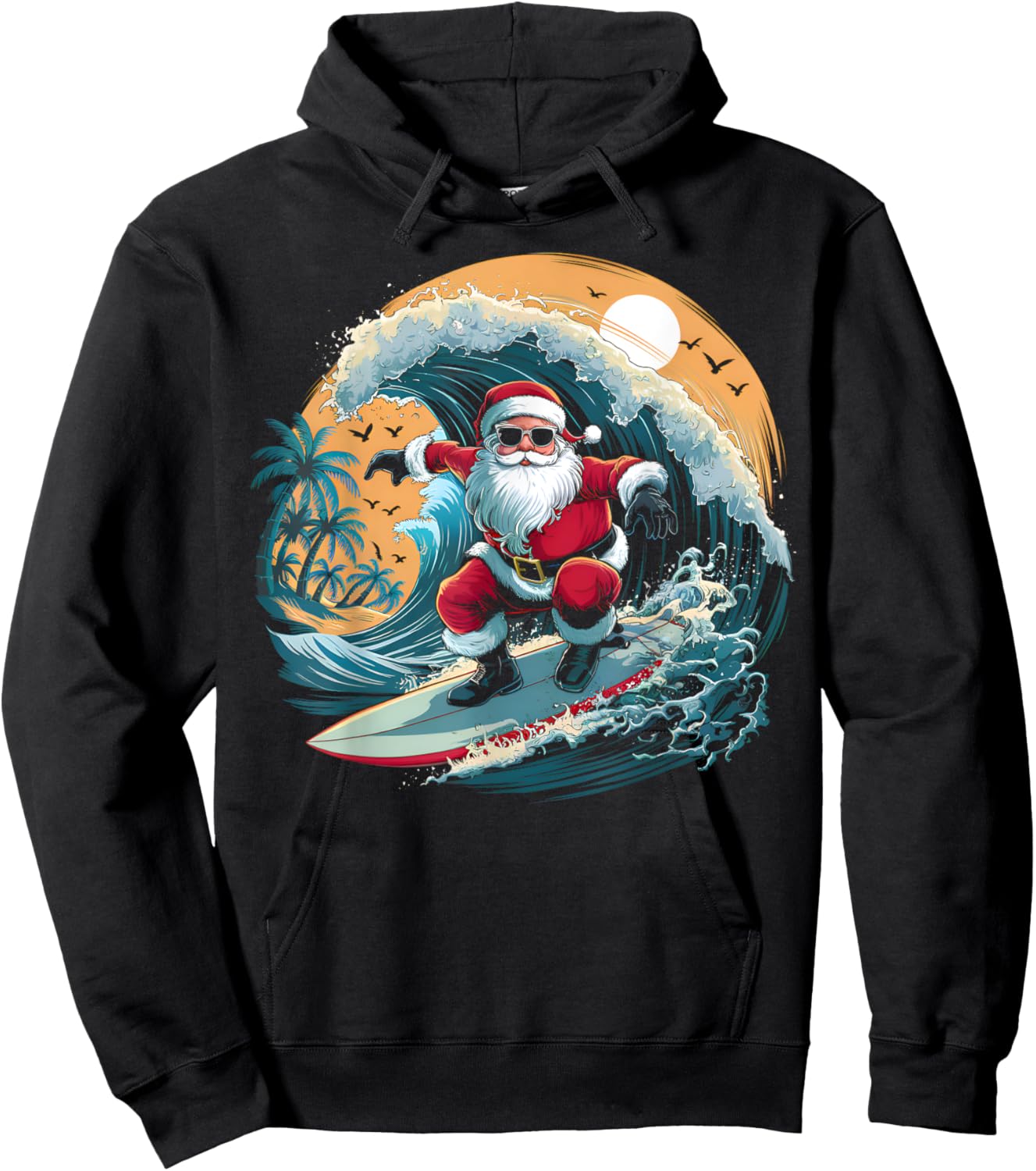 Vintage Surfer Christmas Surfing Santa Claus Beach Surfboard Hoodie - Hoodie | Black