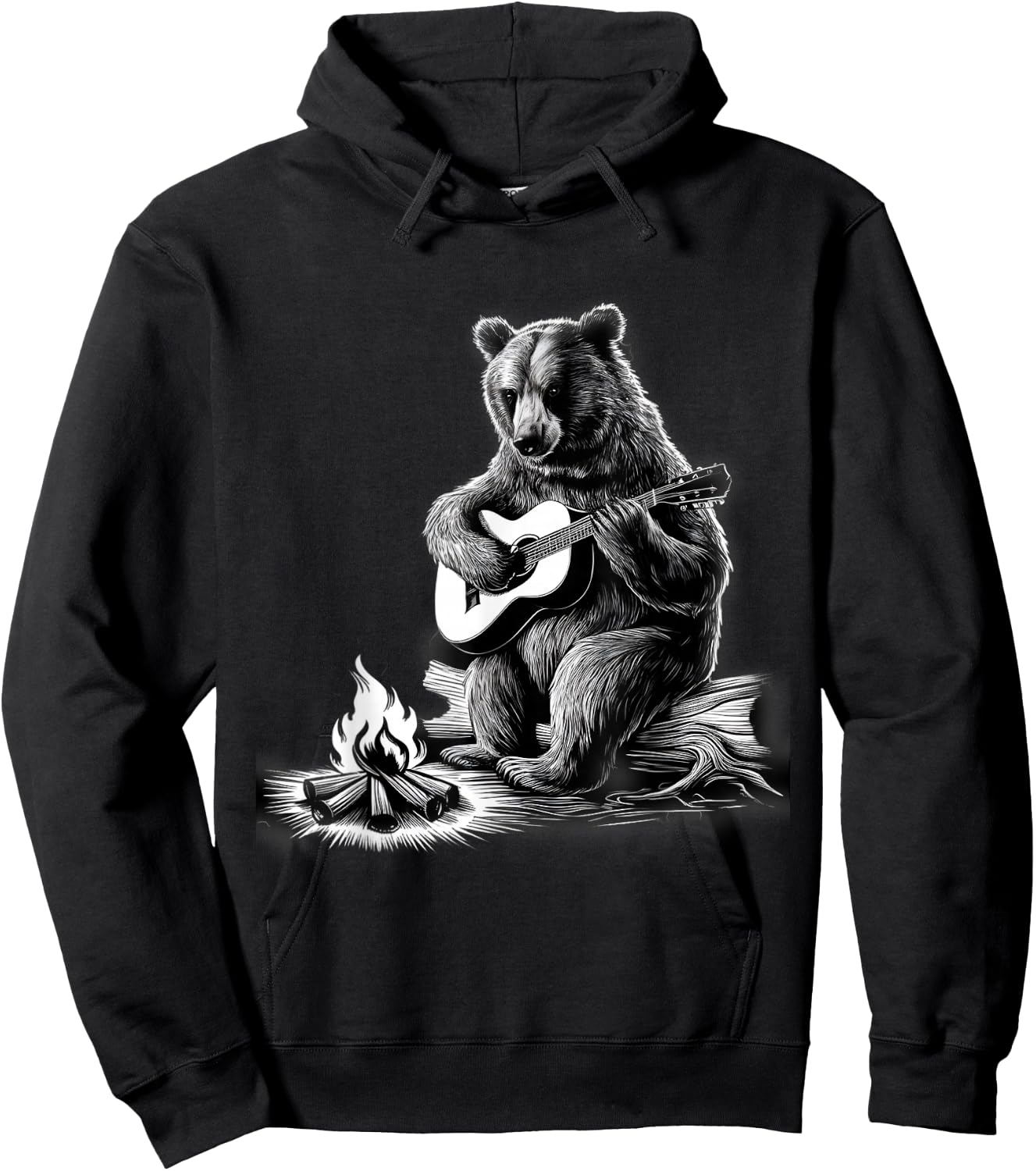 Bear Playing Guitar Rock on Campfire Bear Hoodie - Hoodie | Black