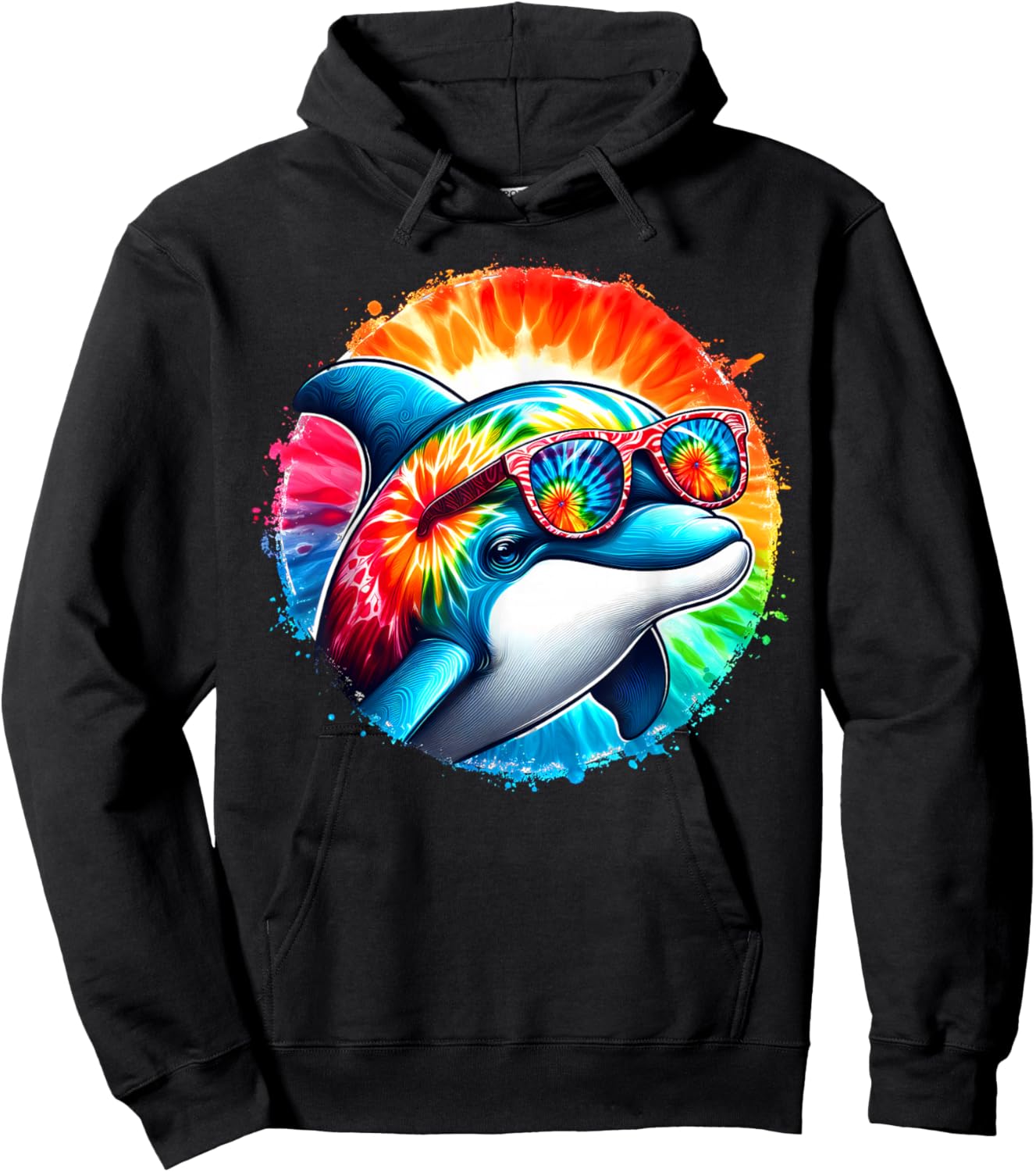 Cool Graphic Tie Dye Sunglasses Dolphin Illustration Art Hoodie - Hoodie | Black