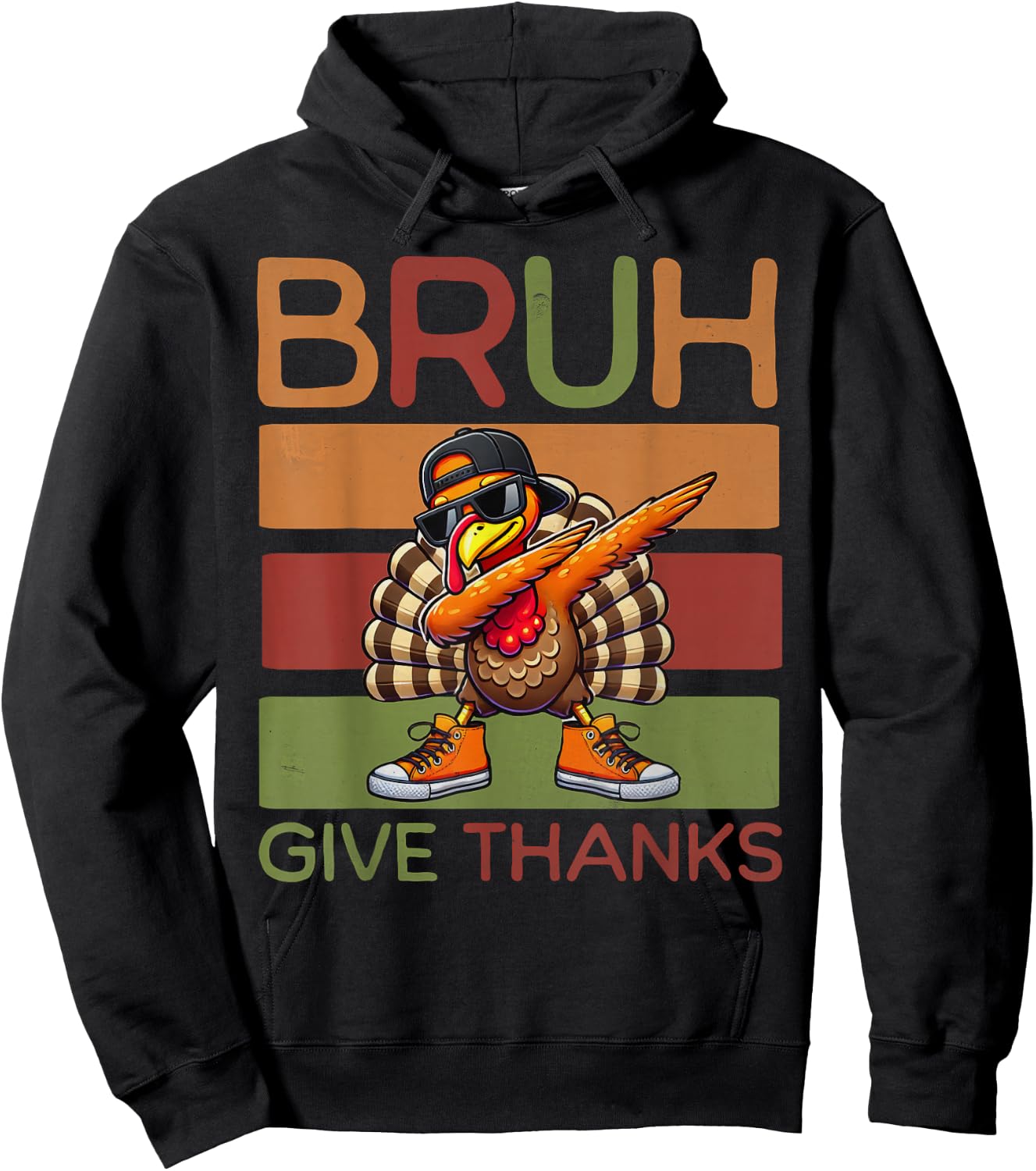 Bruh Give Thanks Retro Dabbing Turkey Thanksgiving Boys Kids Hoodie - Hoodie | Black